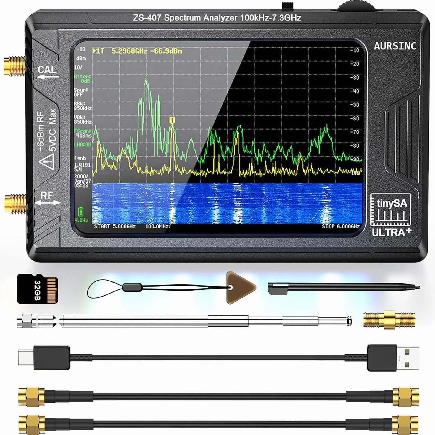 AURSINC TinySA Ultra+ ZS407 Analizador de Espectro 7,3 GHz Versión 2025 V0.5.4, Pantalla Táctil 4", Generador de Señal RF 2 en 1 100kHz-900MHz, MF/HF/VHF/UHF, entrada