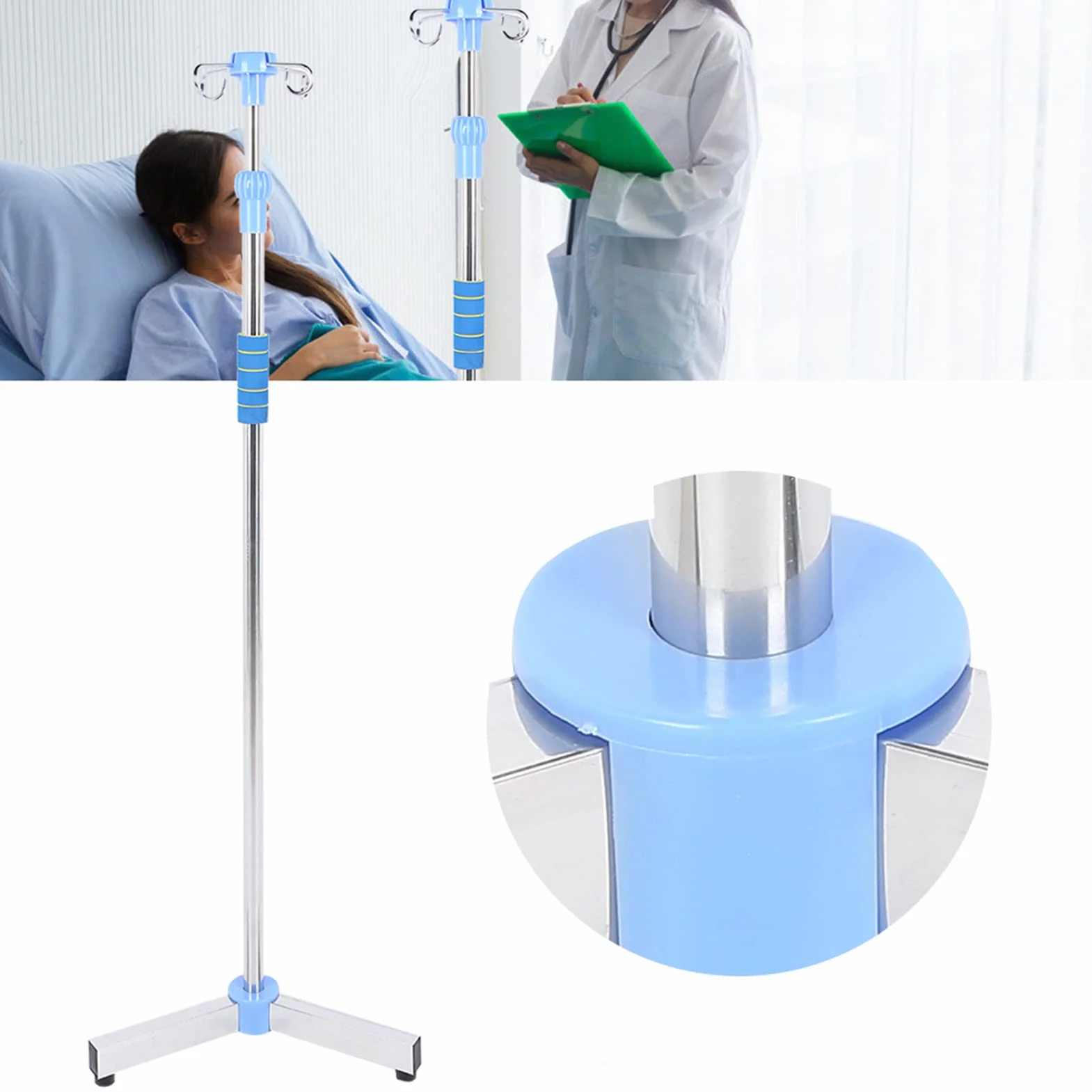 Soporte para Poste Intravenoso, portátil plegable médico IV fluido bolsa de pie con 4 ganchos y 3 ruedas, altura ajustable de acero inoxidable IV bolsa de pie para los hospitales