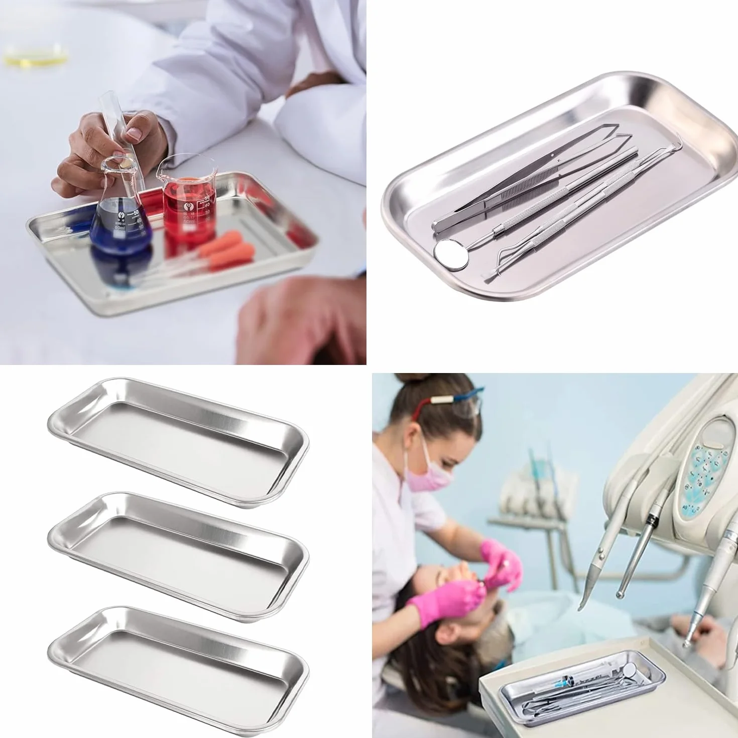 Bandeja Médica de Acero Inoxidable, Bandeja de Instrumentos, Médica-Dental, Bandejas de Laboratorio 3 Piezas