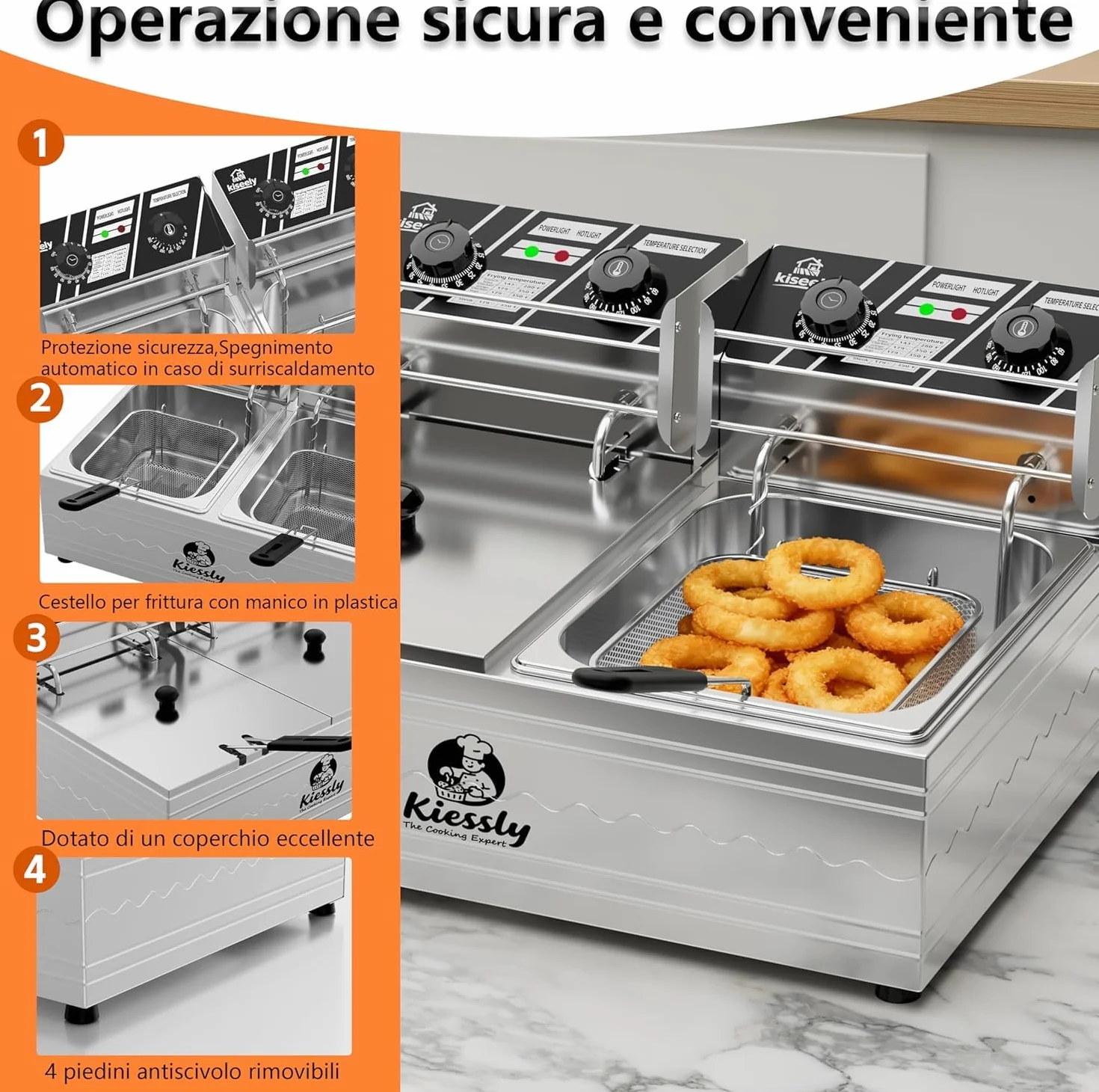 Freidora eléctrica de 20L, freidora comercial de 3500W con cestas y tapas, freidora de cocina de acero inoxidable con doble tanque y control de tiempo y temperatura (Freidora doble de 20L)