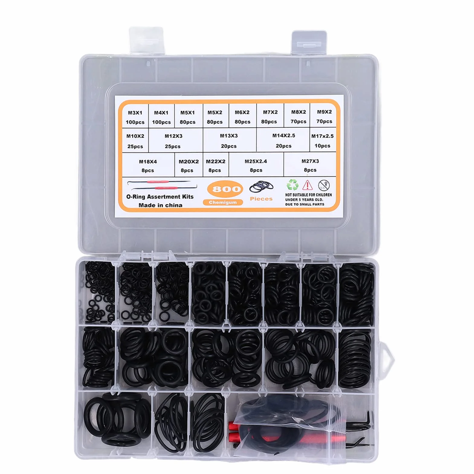 Kit surtido de Juntas Tóricas NBR 800 Piezas 18 Tamaños 3-27 mm con Herramientas de Desmontaje