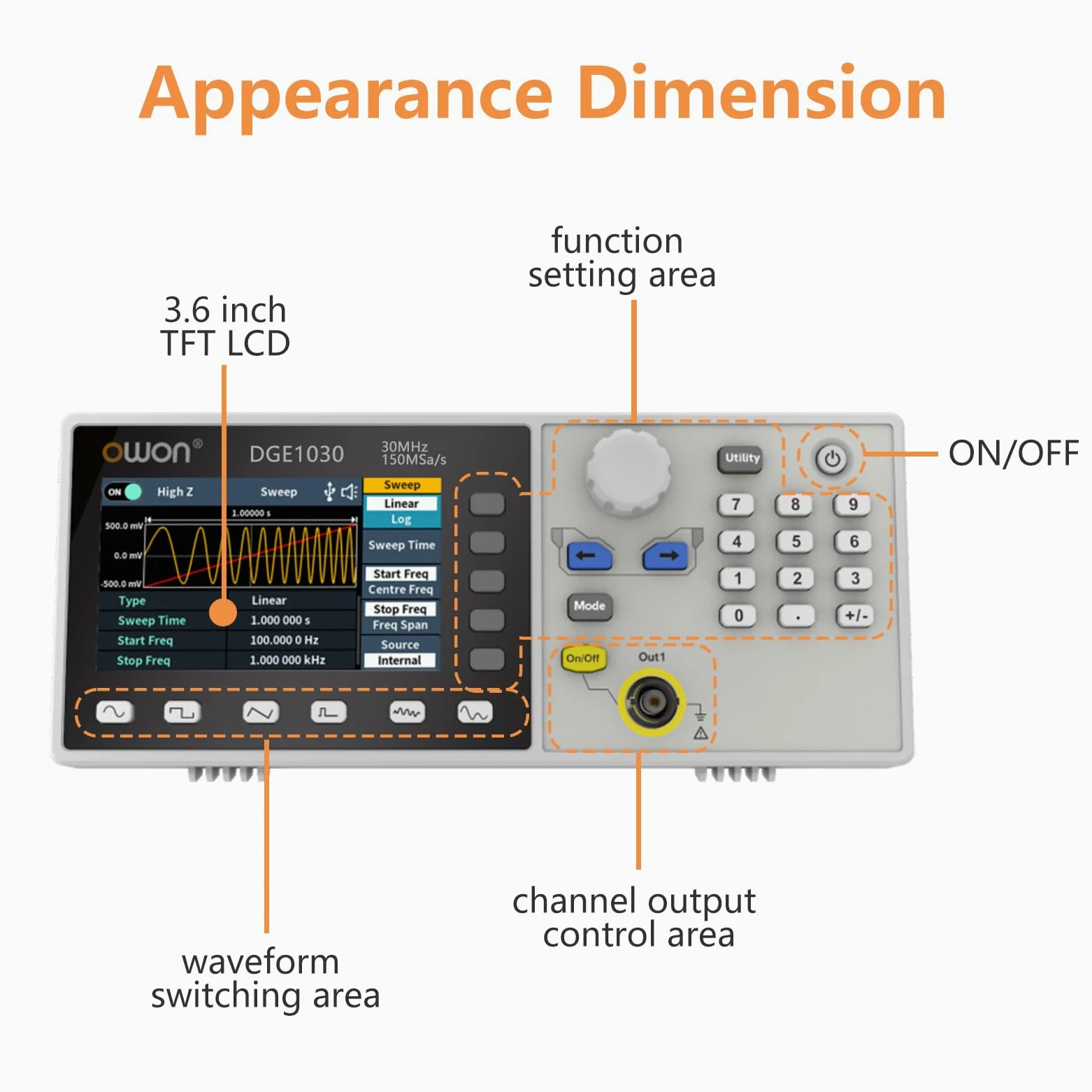 OWON DGE1030 - Minigenerador de señal arbitraria de 3,6 pulgadas, 14 bits, AM, FM, PM, modulación FSK, soporte SCPI