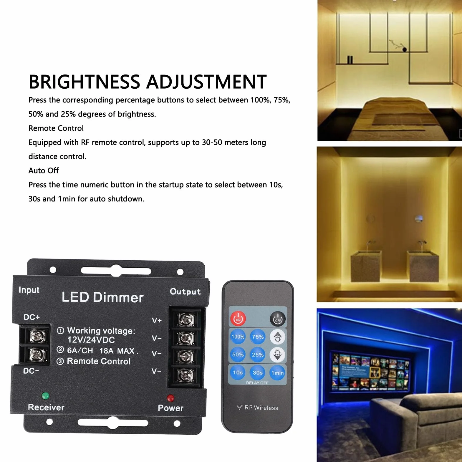 Atenuador LED Remoto Inalámbrico RF, Controlador PWM DC 12V-24V 30-50 Metros