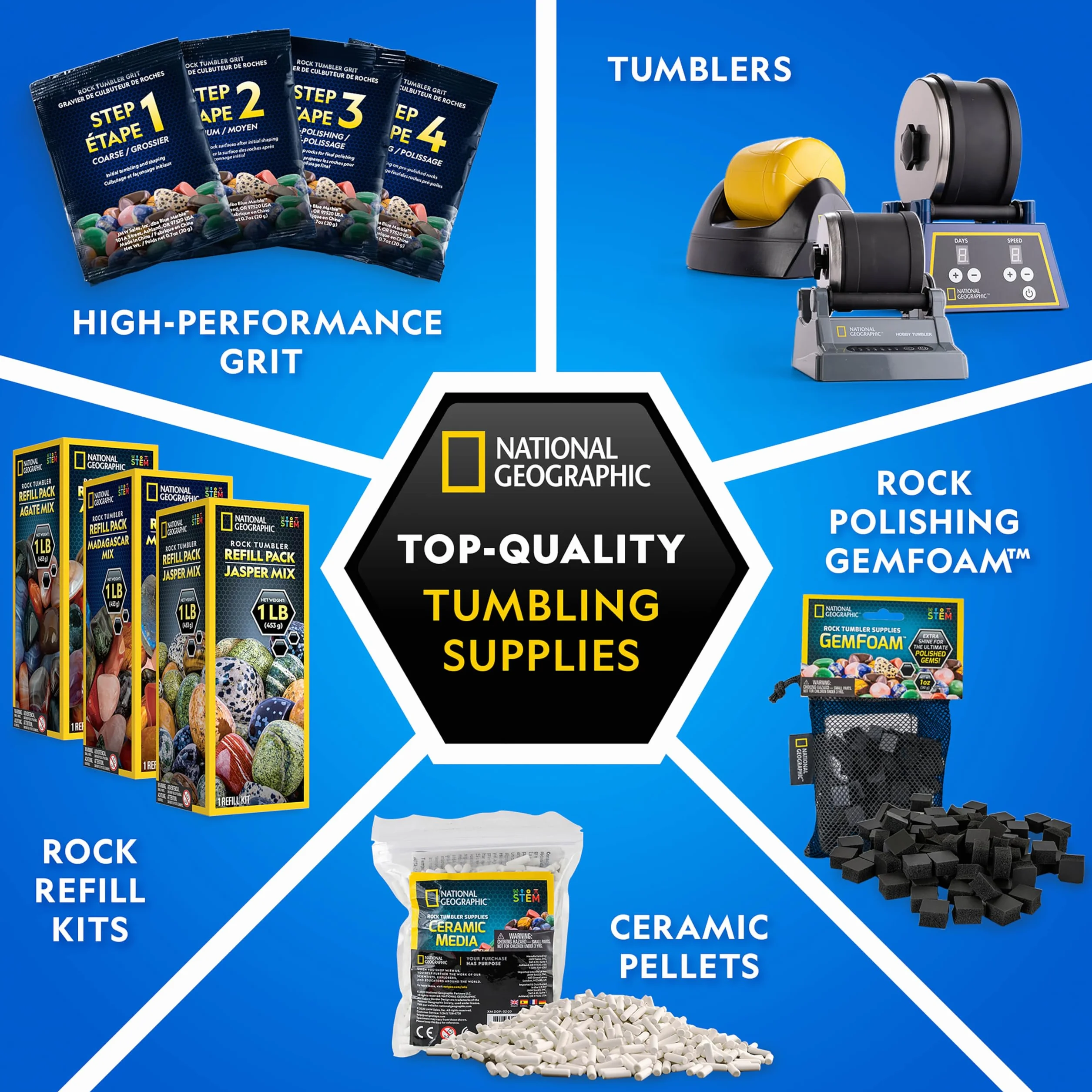 Blue Marble National Geographic Rock Tumbler Media - Kit de suministros para el pulido de rocas, grano a granel de 4 etapas, 680 g de pellets de cerámica y medios de pulido GemFoam