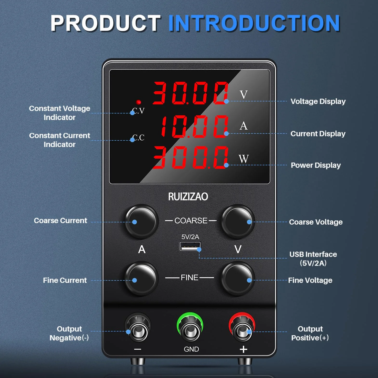 Fuente de Alimentación Regulable 30V 10A DC de Laboratorio Ajustable Pantalla LED 4 Dígitos Negro