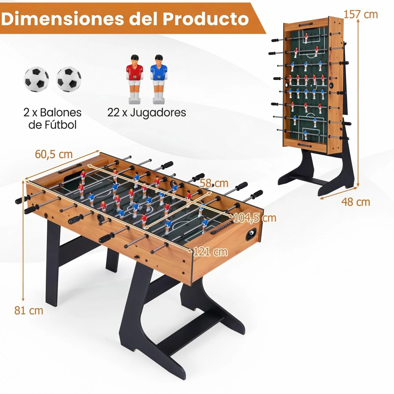 COSTWAY Mesa de Futbolín Plegable de Madera con 22 Jugadores, 121 x 60,5 x 81 cm