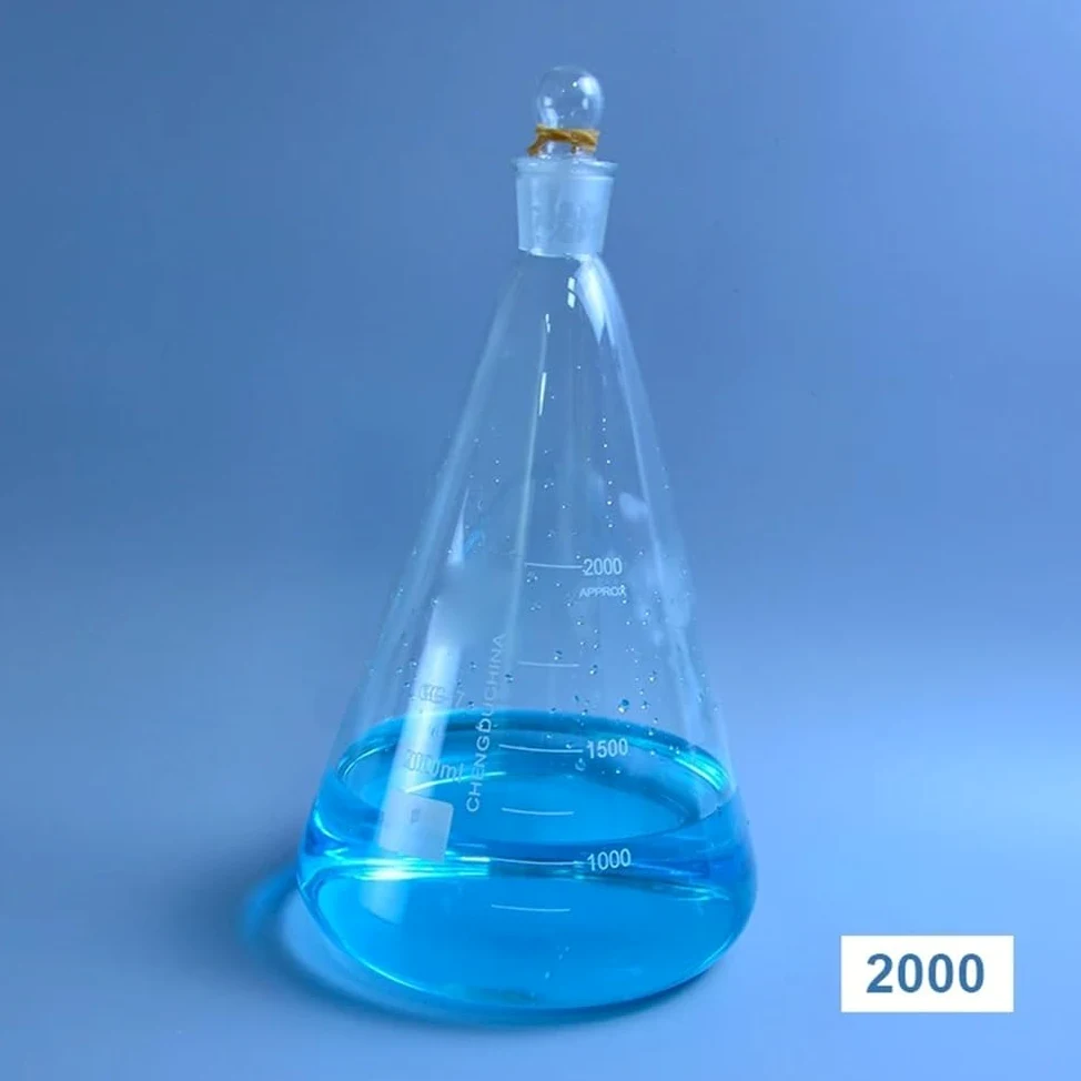 Cristalería de Laboratorio Matraz Erlenmeyer de vidrio de 150-2000 ml con tapa, de vidrio, for laboratorio, triangular, de 3,3 mm.(2000ml)