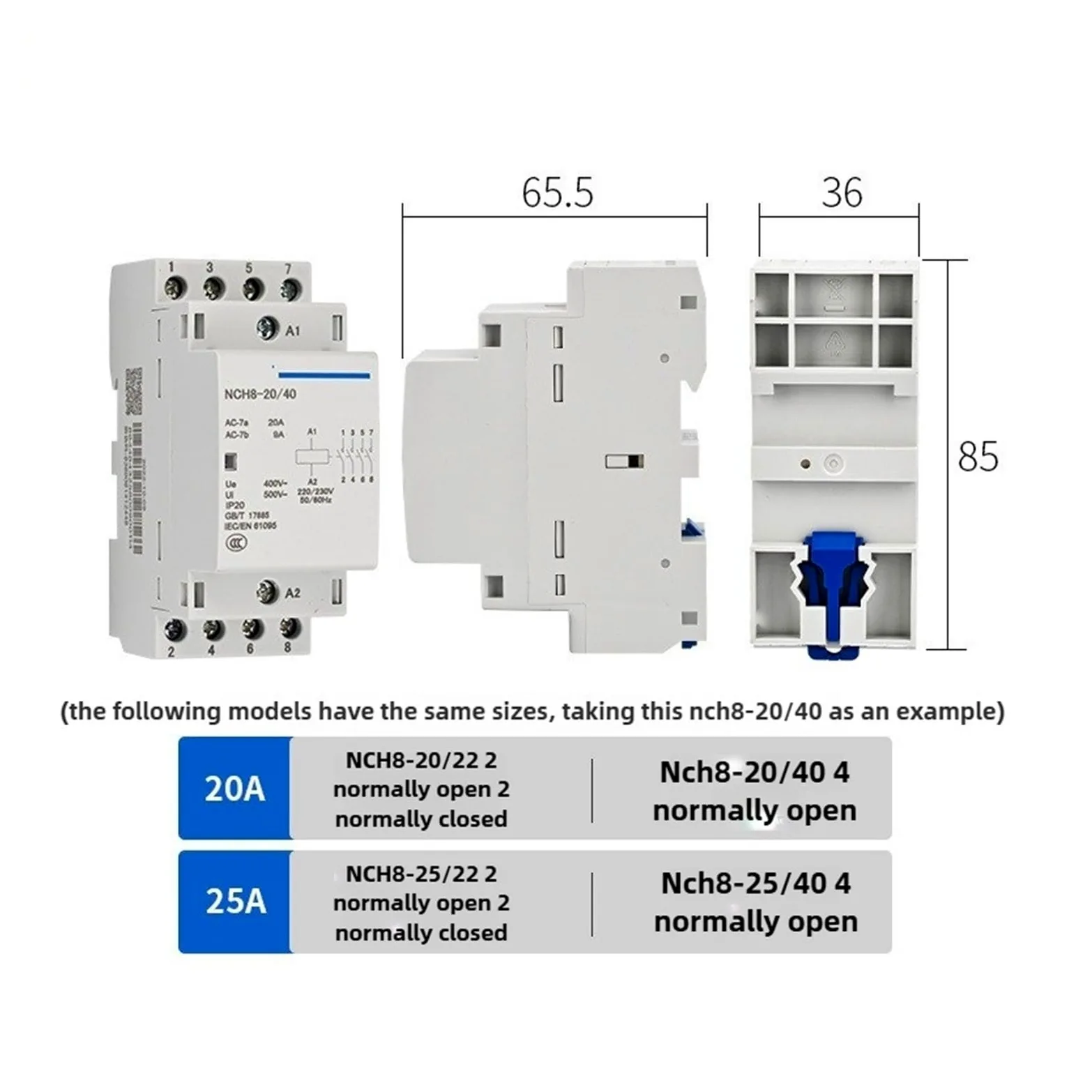 Contactor Modular de CA for el hogar, carril NCH8 20A 25A 40A 63A, 2NO, 2NC, 1NO1NC, 2NO2NC, 4NO, 220V/230V, 220v(NCH8-63A,4NO)