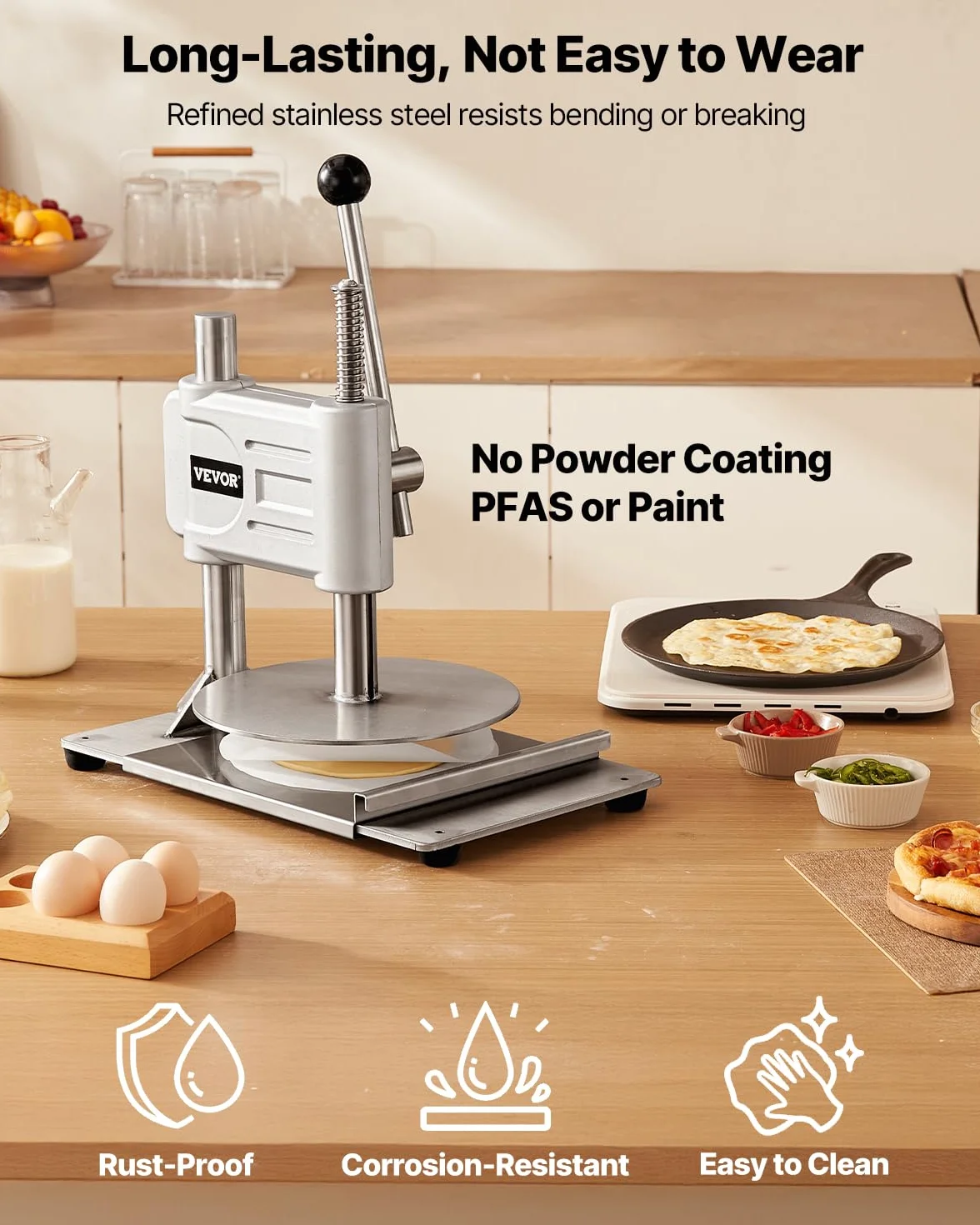 VEVOR Prensa Manual para Masa de Pizza, Placa de 24 cm, Prensa de Pan de Acero Inoxidable, para Hacer Chapatis, Formadora con Asa y 100 Hojas de Papel Pergamino, 400 x 245 x 360 mm, Color Plata