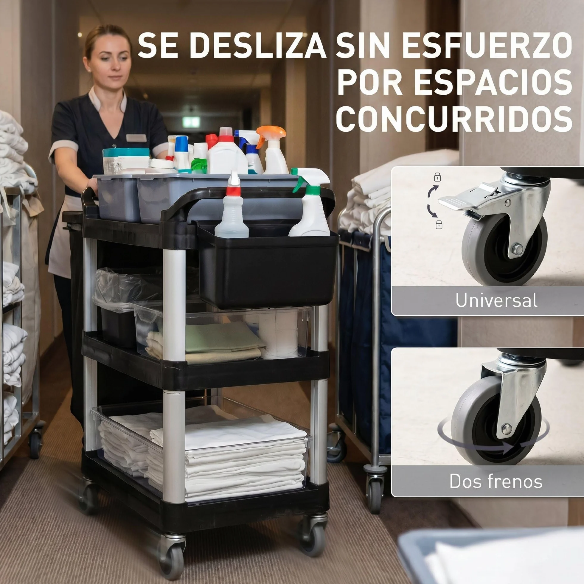 HOMCOM Carro de Limpieza con Ruedas, Carro de Servicio con 3 Estantes, 2 Contenedores y Cubo Lateral Colgante, Estructura de Aluminio, Carga 100 kg, 115x50x100 cm, Negro