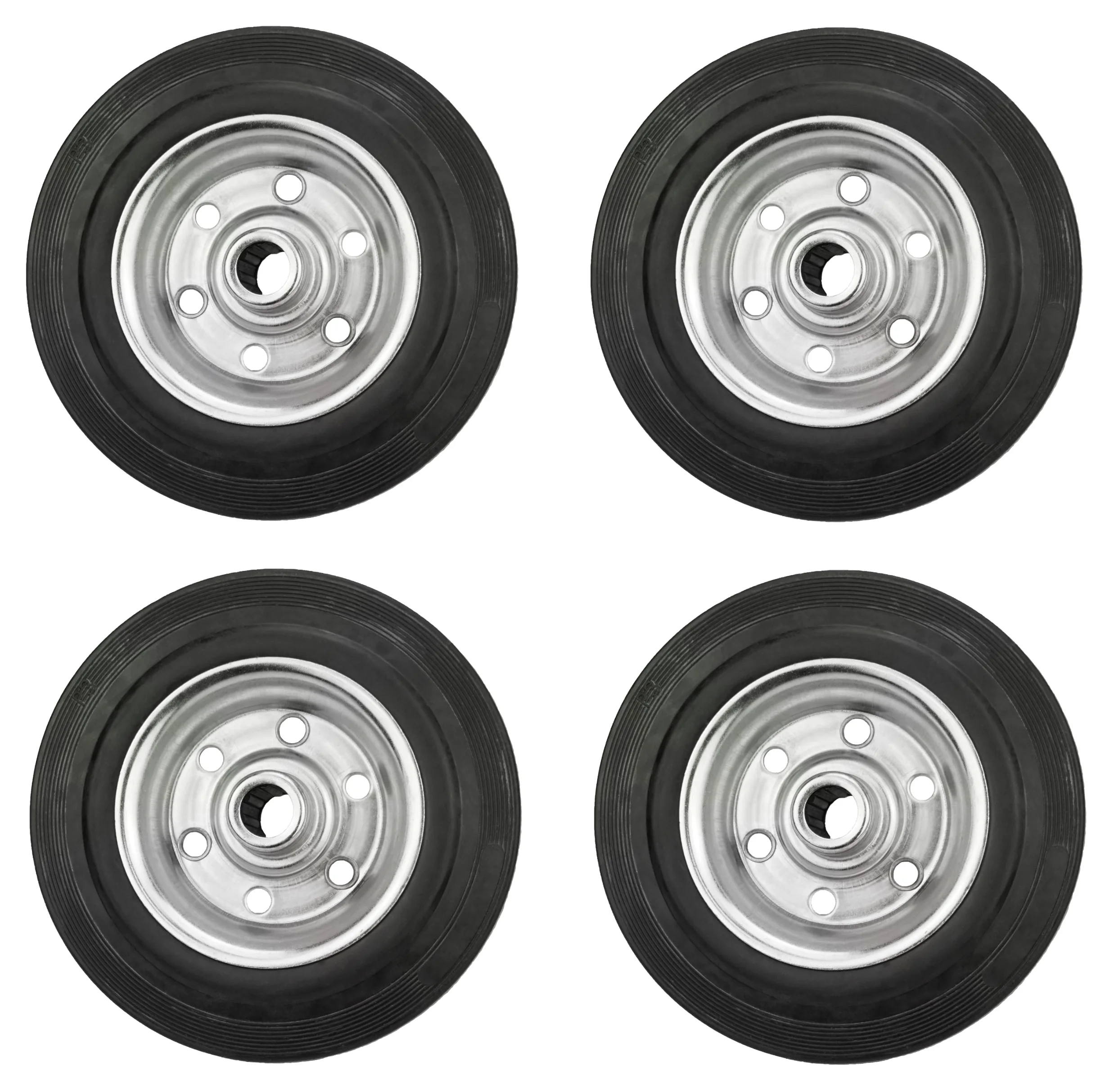Juego de 4 ruedas de goma, varios tamaños, llantas de acero galvanizado, negro (200)