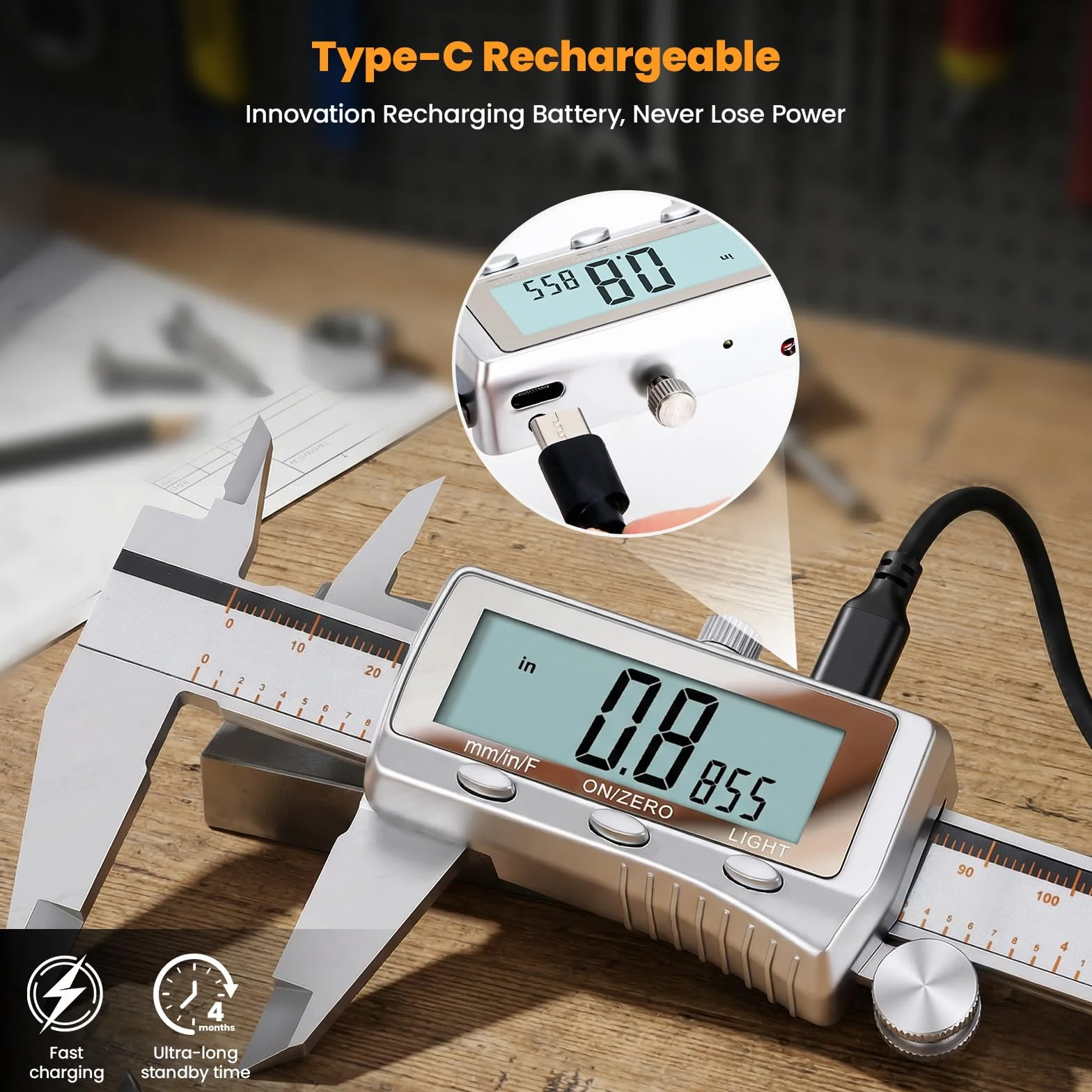 Calibre Digital 6 Pulgadas Pie de Rey LCD Retroiluminada Micrómetro Recargable Apagado Automático Pulgadas/MM/Fracciones
