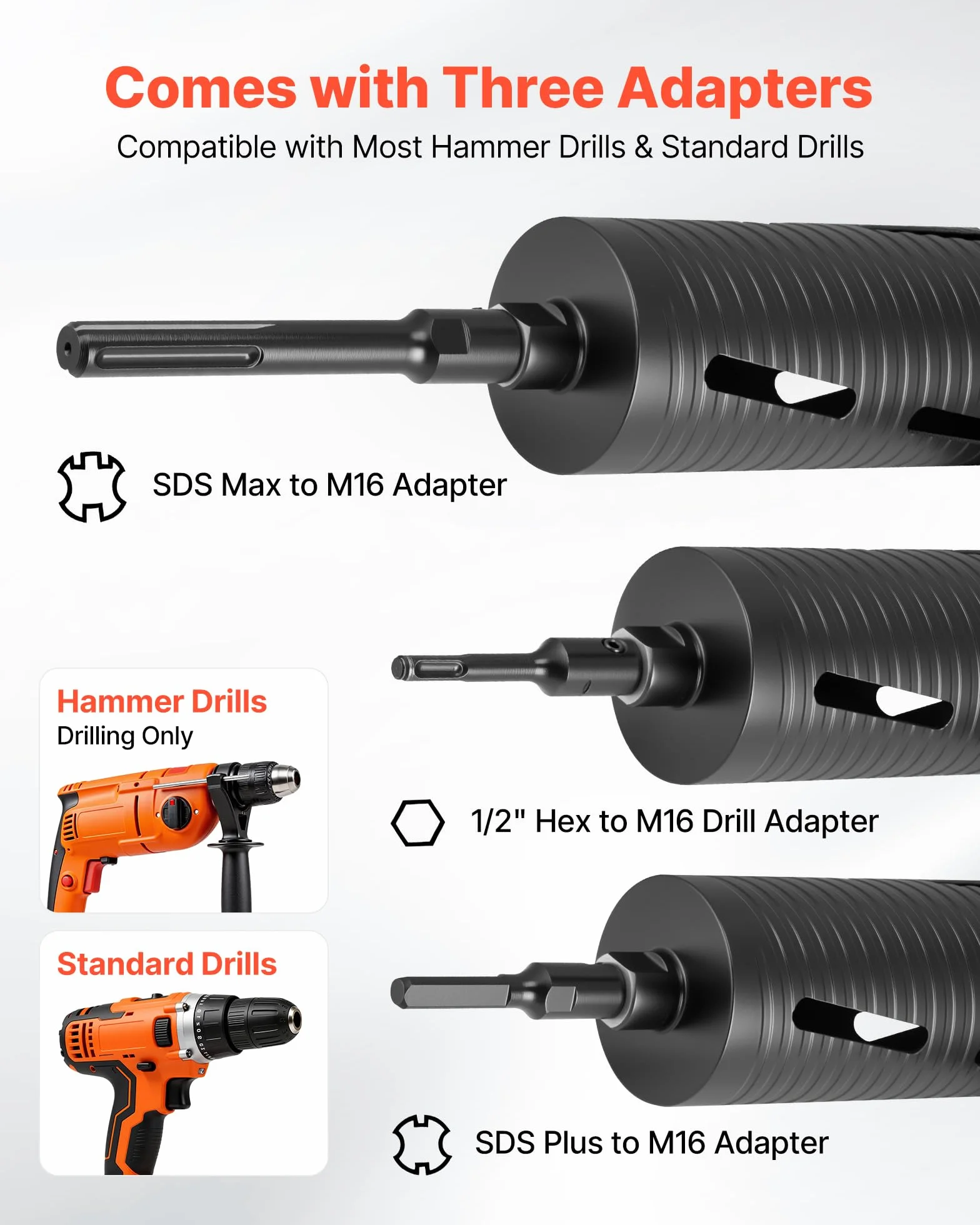 VEVOR Broca de Corona para Perforación en Seco, 102 mm Diámetro, 241 mm Profundidad, Rosca Interna M16, con 3 Adaptadores, Broca Piloto, Llave Hexagonal a Hormigón Armado, Ladrillo y Mampostería