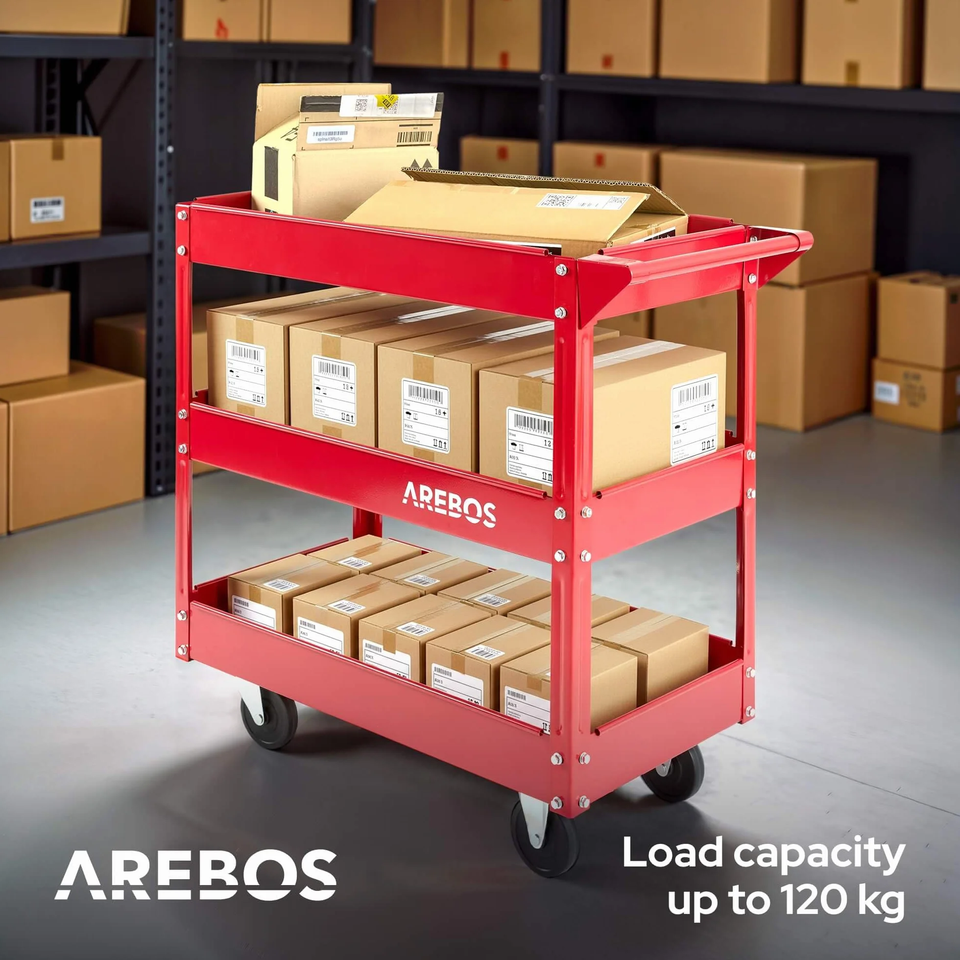 Arebos Juego de 2 Carros de Taller con 3 Estantes | Estructura de Acero Robusta | Capacidad hasta 120 kg | Carro Móvil para Taller, Garaje y Bricolaje