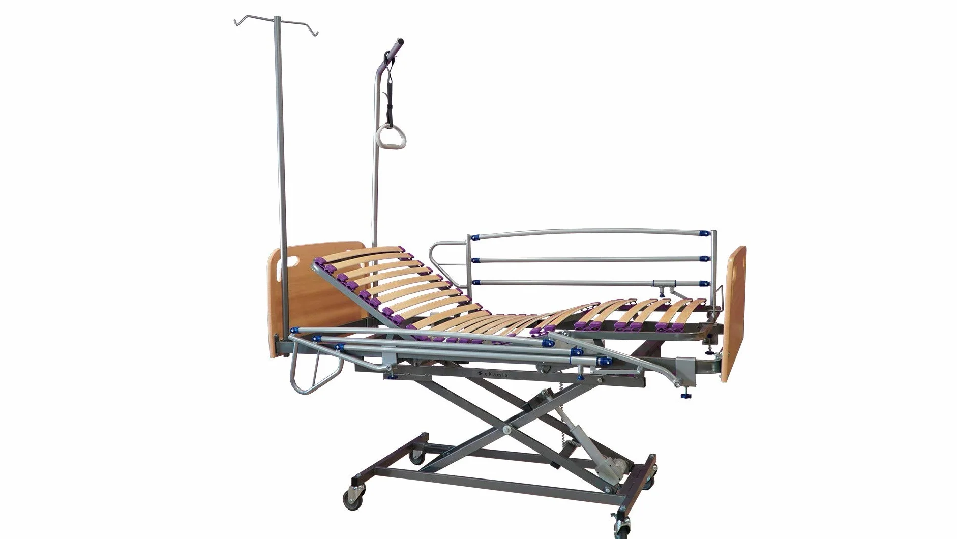 ekamia - Cama Articulada Geriátrica de Hospital Eléctrica con Carro Elevador, Cabecero, Piecero, Barandilla, Agarrador y Porta Gotero - 105cm x 190cm