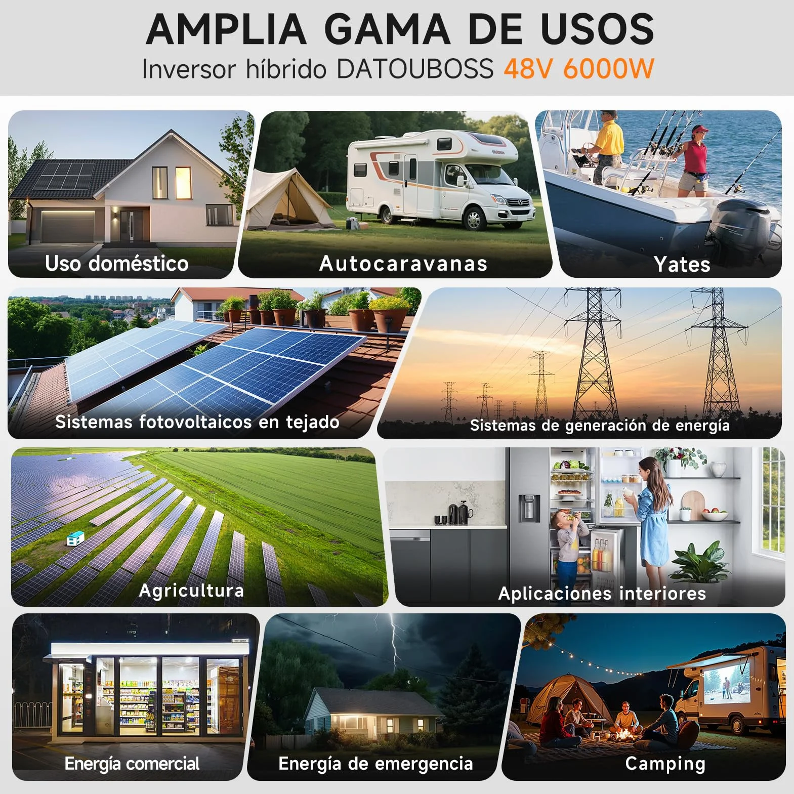 DATOUBOSS Inversor Solar Híbrido 48V 6000W Onda Sinusoidal Pura, Regulador MPPT Integrado 120A, Protección contra Rayos y Agua, Arranque sin Batería, para Sistema Solar Fuera de la Red (48V 6000W)