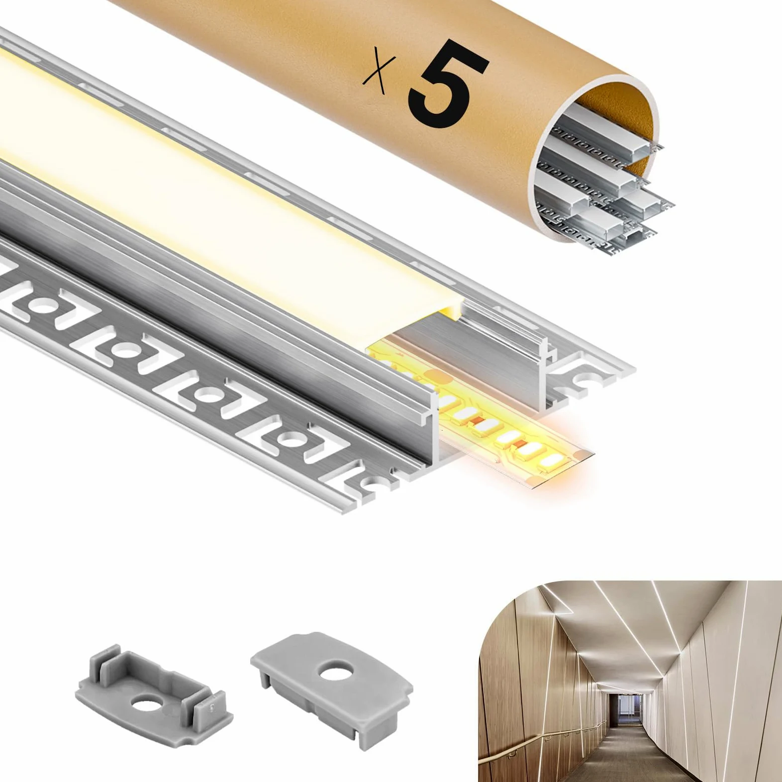 Perfil Aluminio Tira LED 2m 5 Piezas， Perfil LED de Cartón Yeso, Compatible con Tiras LED de Ancho Menor o Igual a 20mm - 64.2 x 13.8mm