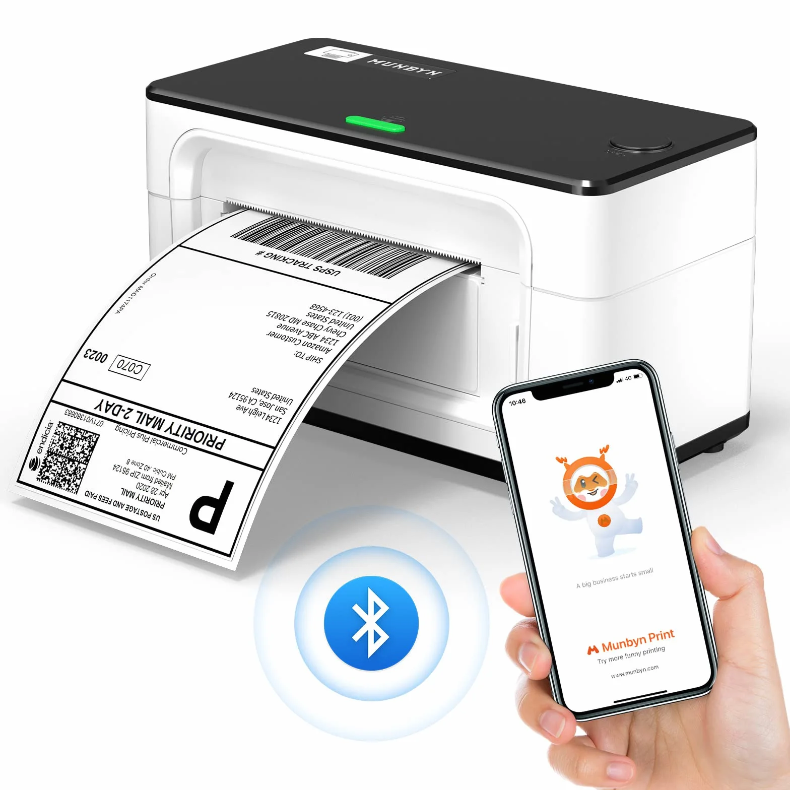 MUNBYN 4x6 Impresora de Etiquetas Bluetooth, Impresora Térmica de Etiquetas con Velocidad de Impresión 150mm/s -Vía USB Bluetooth, para Colissimo, UPS, Amazon, Shopify