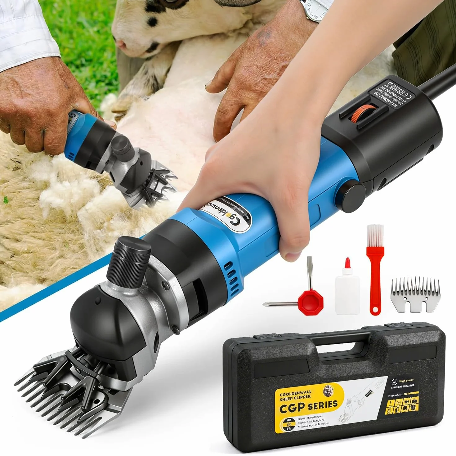 Esquiladora para Oveja Profesional 690W 2400RPM CGOLDENWALL, Máquina Esquilar Ovejas Cabra Alpaca con 6 Ajuste de Velocidad, Cable Largo 5m - Aceite lubricante Incluido (Cuchilla Recta de 13 Dientes)