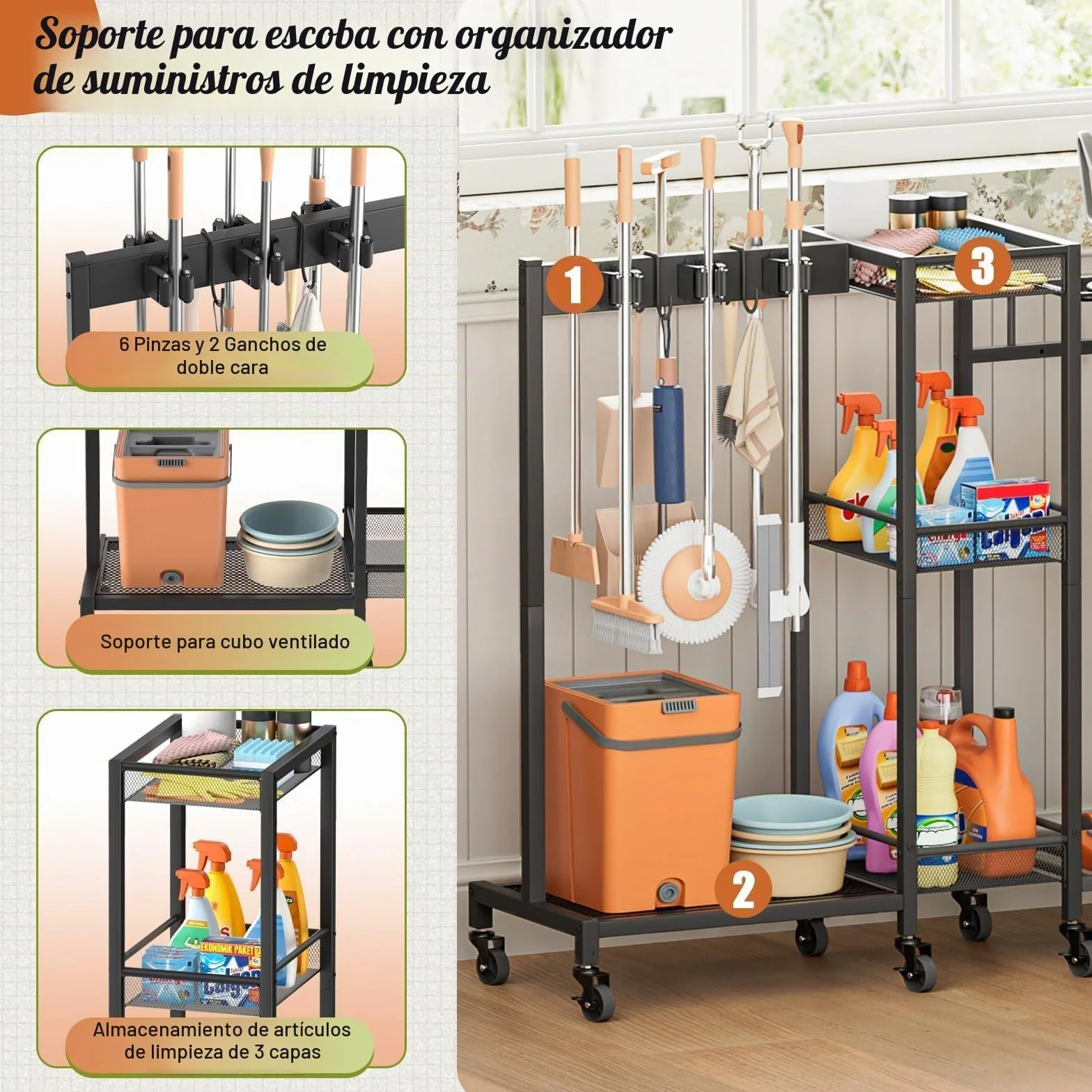 Bikoney Carro de Limpieza con Ruedas y Soporte para Escobas, Organizador de Productos de Limpieza con Armario y Estantes, Carrito Multiusos para Aspiradora y Fregonas, Ideal para Lavandería y Hogar