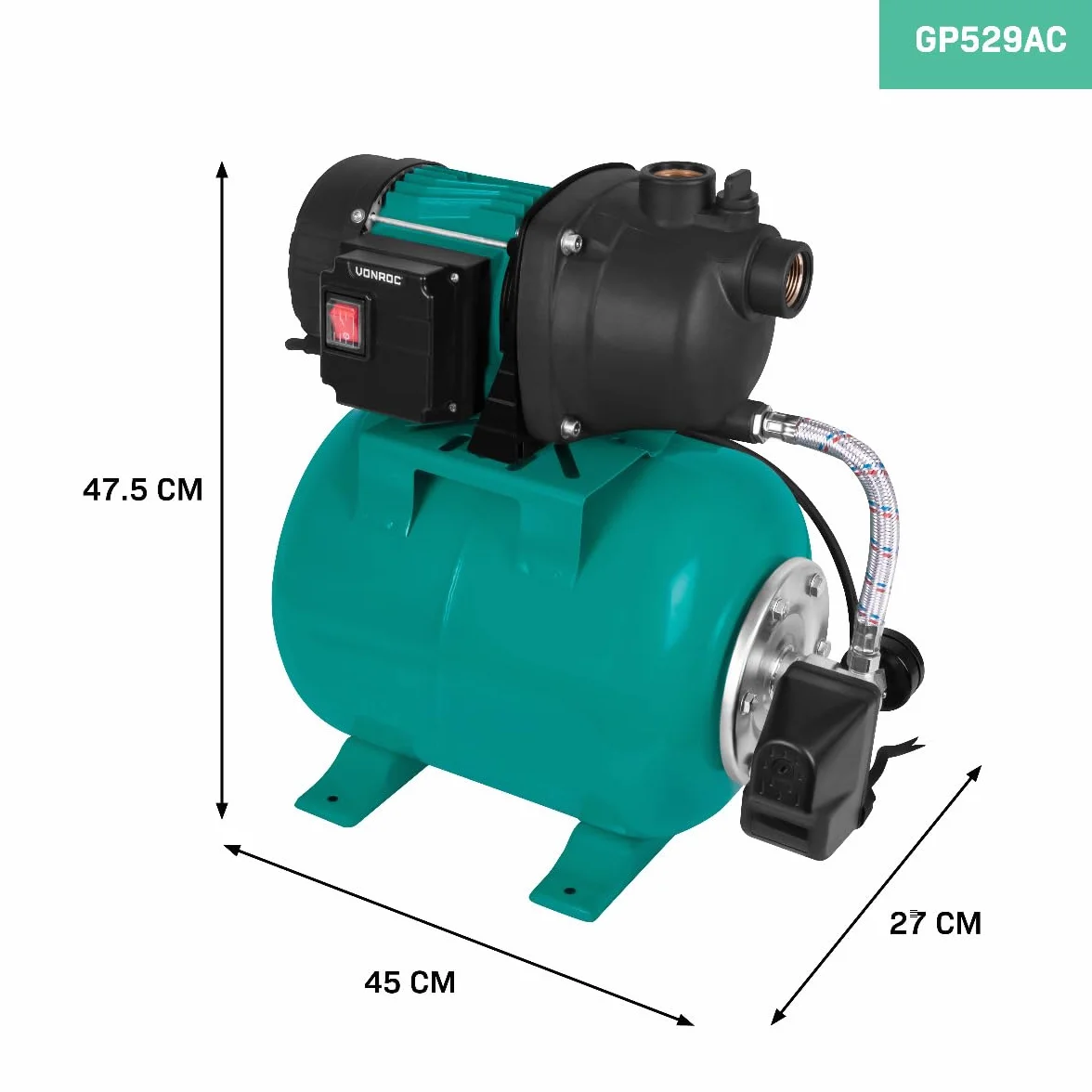 VONROC Bomba hidrofórica / conjunto hidrofórico con presostato - 800W - 3300l/h - Depósito de 19L - Carcasa de la bomba de plástico