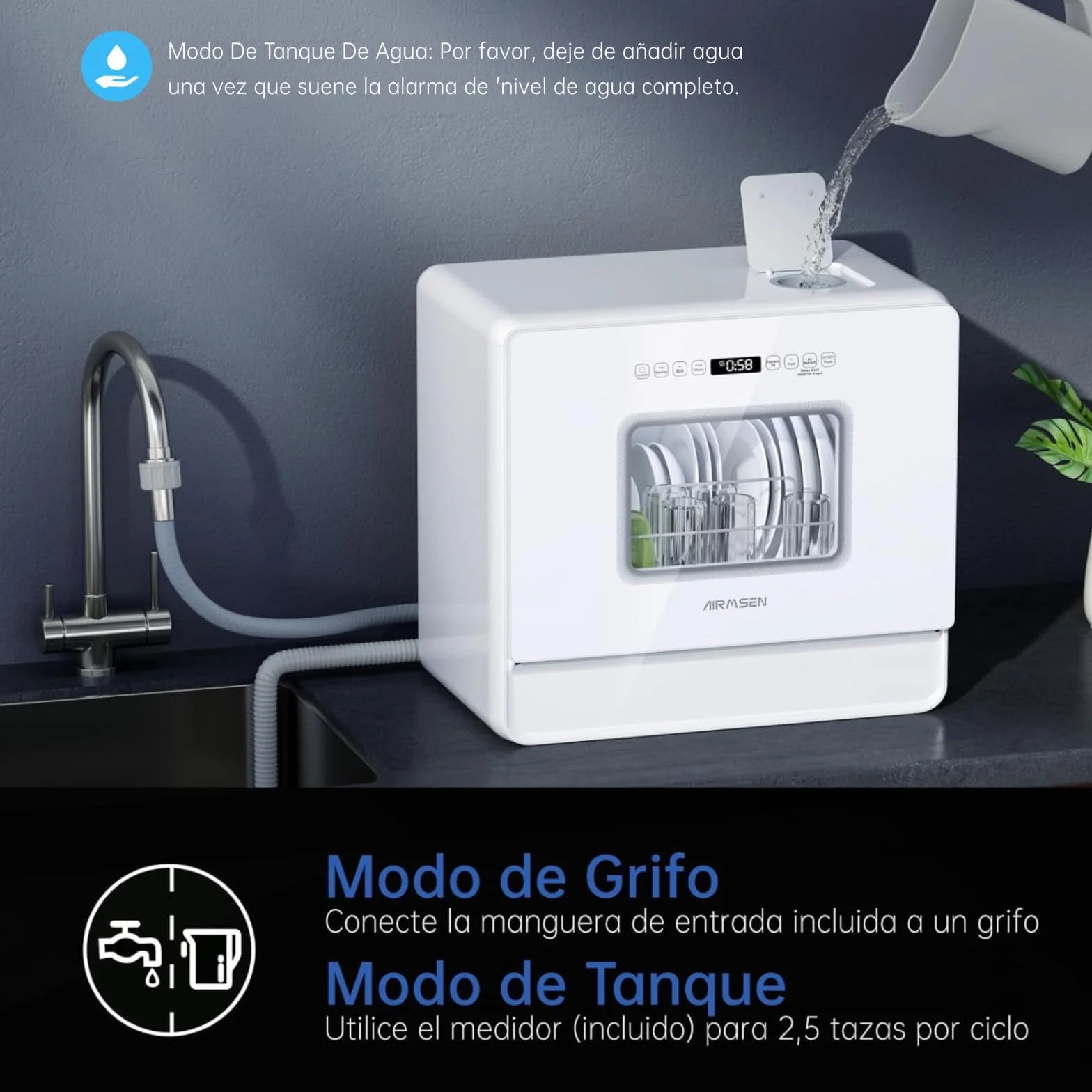 AIRMSEN Lavavajillas Portátil Pequeño 7+2 Programas Sal Absoftante Depósito 5L Control Táctil Pantalla LED Blanco