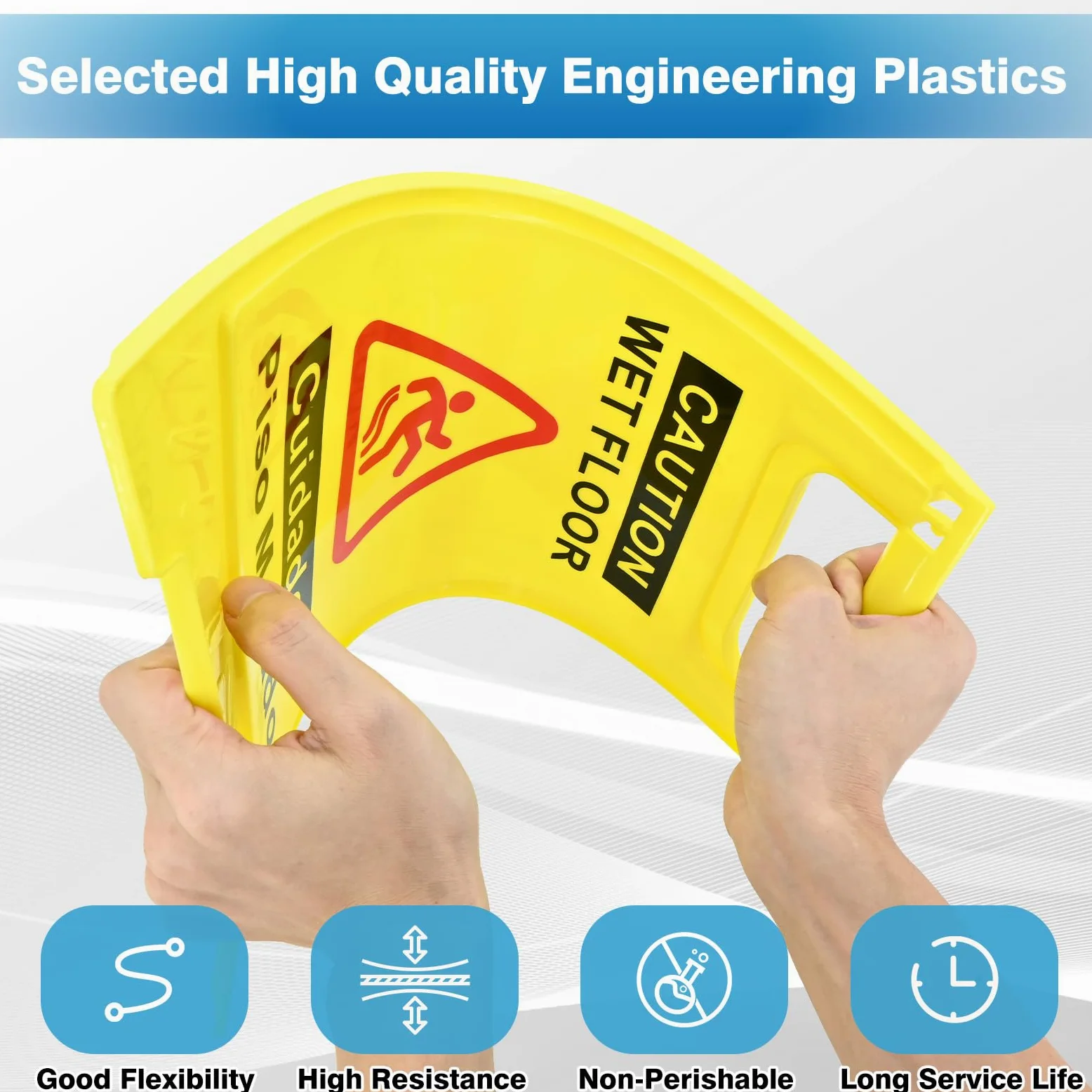 Paquete de 4 letreros de precaución para suelo mojado, 17.5 pulgadas de altura, amarillo brillante, diseño de marco en forma de A de doble cara, mensaje de precaución bilingüe