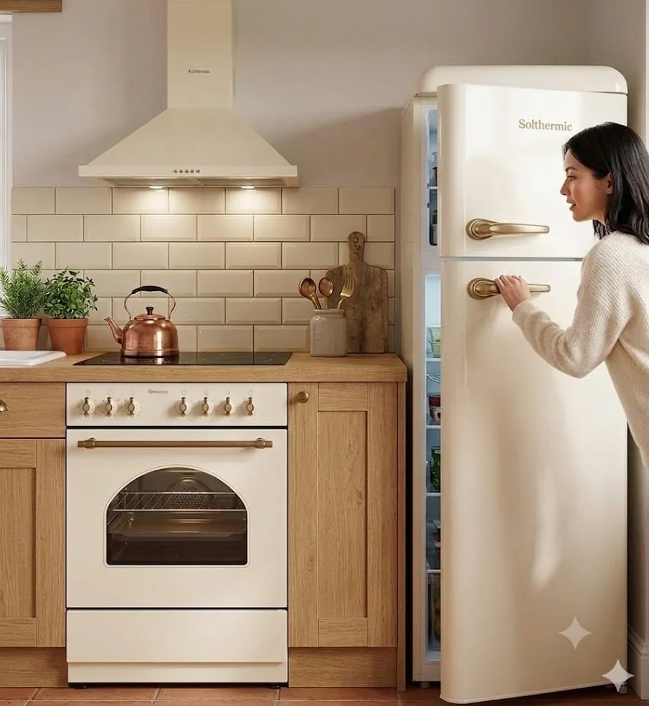 SOLTHERMIC PACK 3 EN 1 CREMA RÚSTICO COCINA VTC XL 60 CM CON HORNO AMPLIO + CAMPANA DECORATIVA 60 CM Y FRIGORIFICO 2P F2PR147C 1,47 x 55 gran capacidad de HASTA 220L y bajo consumo
