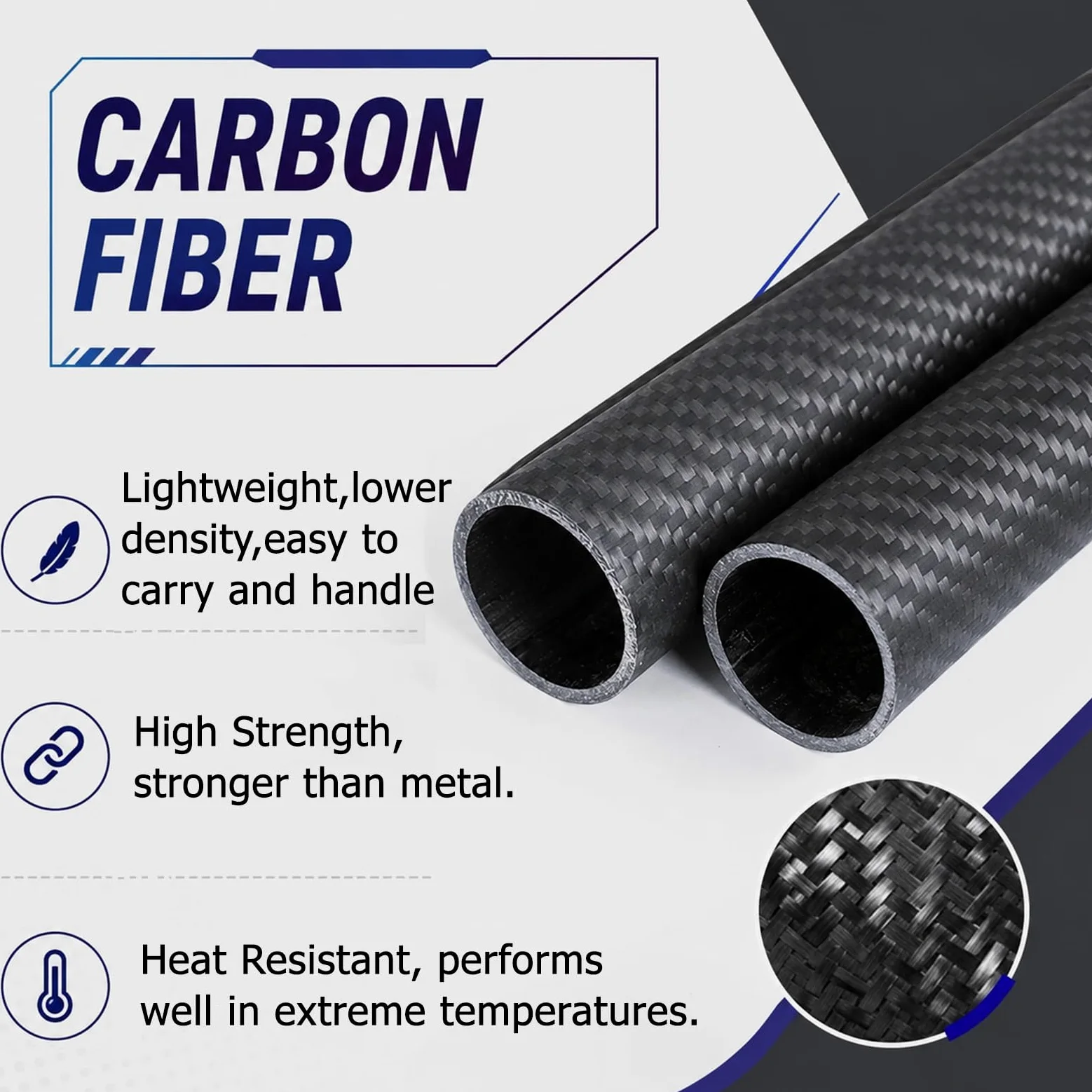 Tubo de Fibra de Carbono Tubo Redondo de Fibra de Carbono Ligero, Eje Hueco de Fibra de Carbono Personalizable, para automoción, Drones, estructuras de Cometas o impresoras 3D(47x43x1000MM)