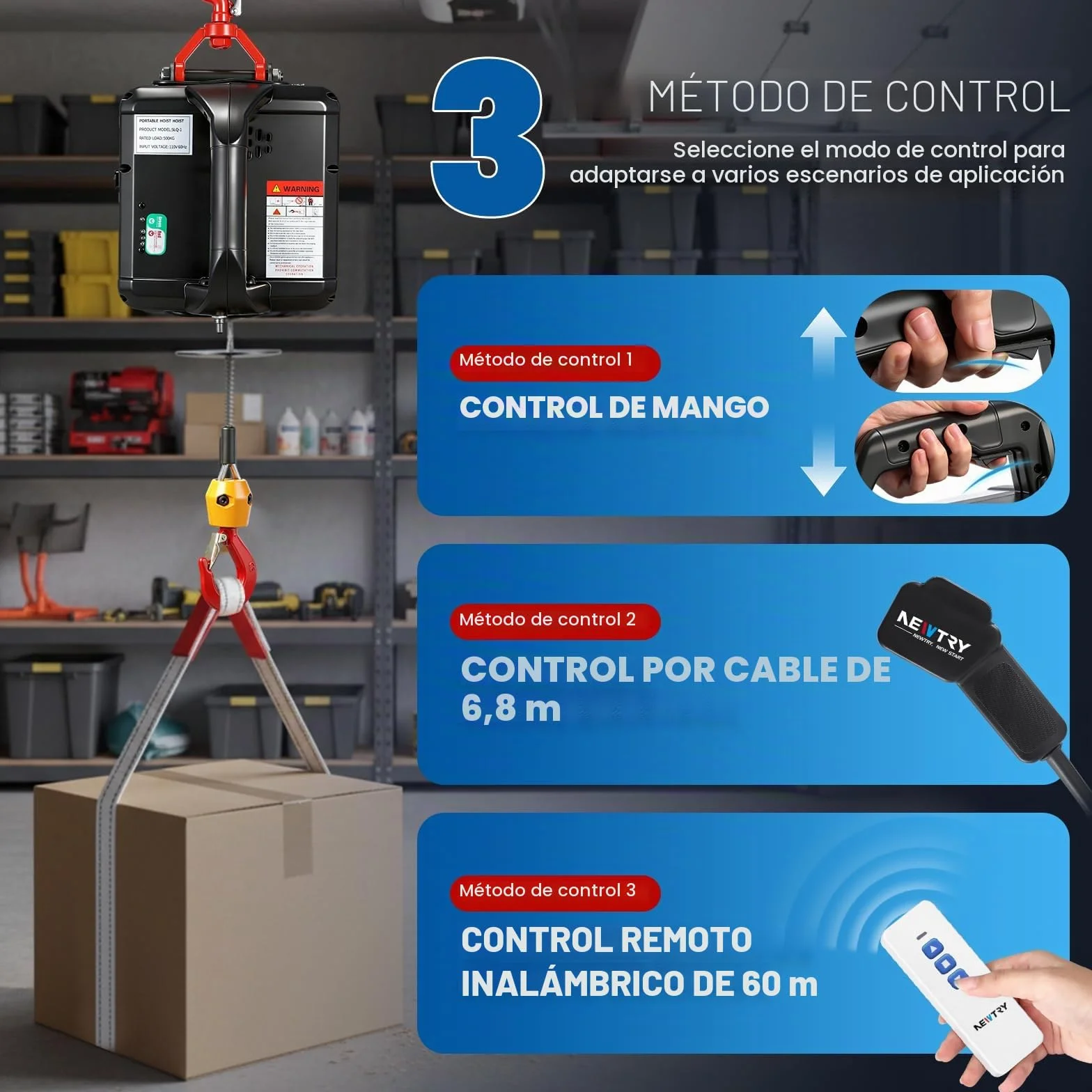 NEWTRY 3 en 1 Polipasto Eléctrico 1500W, Cabrestante Eléctrico de 500 kg 7.6m, Control Remoto Inalámbrico, Con Protección Contra Sobrecargas, Con manual en español