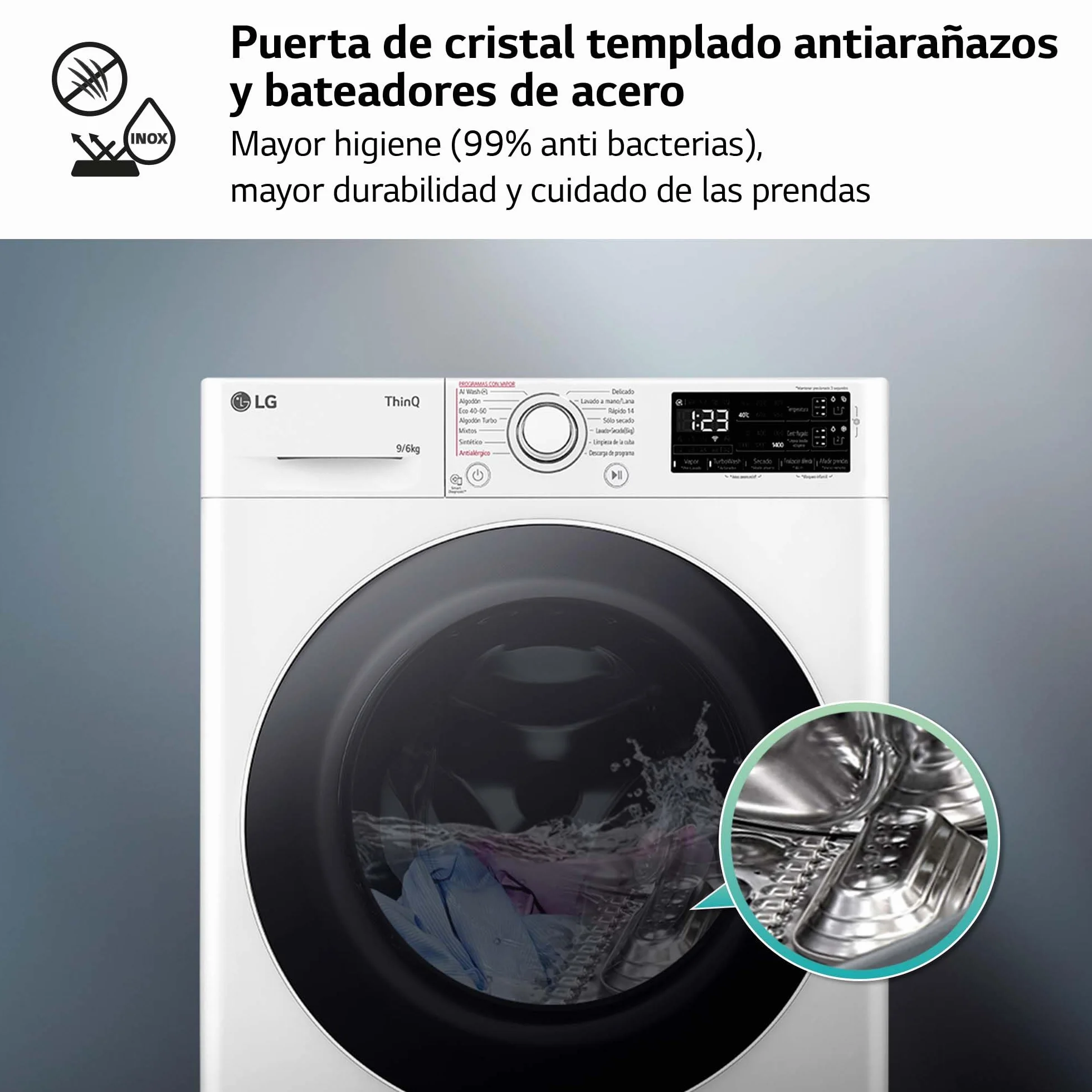 LG Lavadora Secadora Inteligente Direct Drive 9/5kg 1400 rpm Autodosificación Vapor Steam Wi-Fi ThinQ Serie 550 Blanco