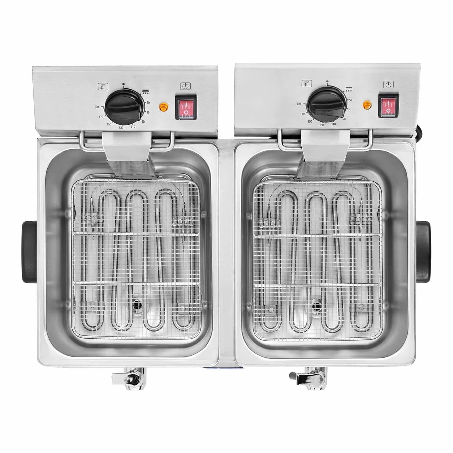Royal Catering Freidora doble de acero inoxidable (capacidad 2 x 13 L, 2 x 3250 W, 230 V, termostato E.G.O. con grifo, incluye 2 cestas con tapa)