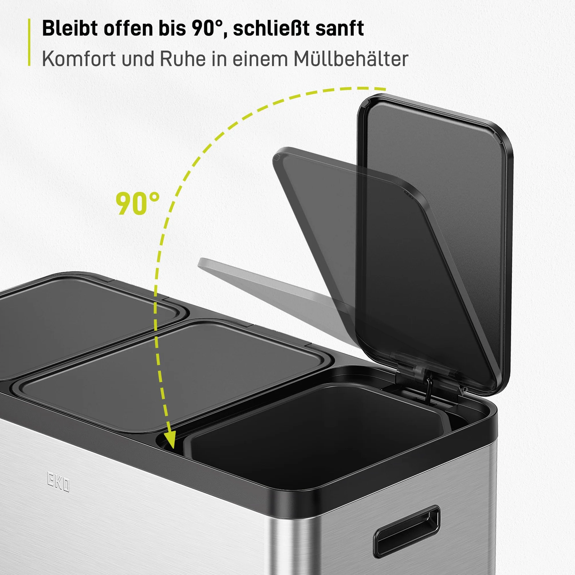 EKO Cubo de basura Essential con 3 compartimentos, 3 x 20 litros, sistema de separación de basura, incluye 20 bolsas de basura, cubo de basura grande con tapa, cierre suave y hermético, acero
