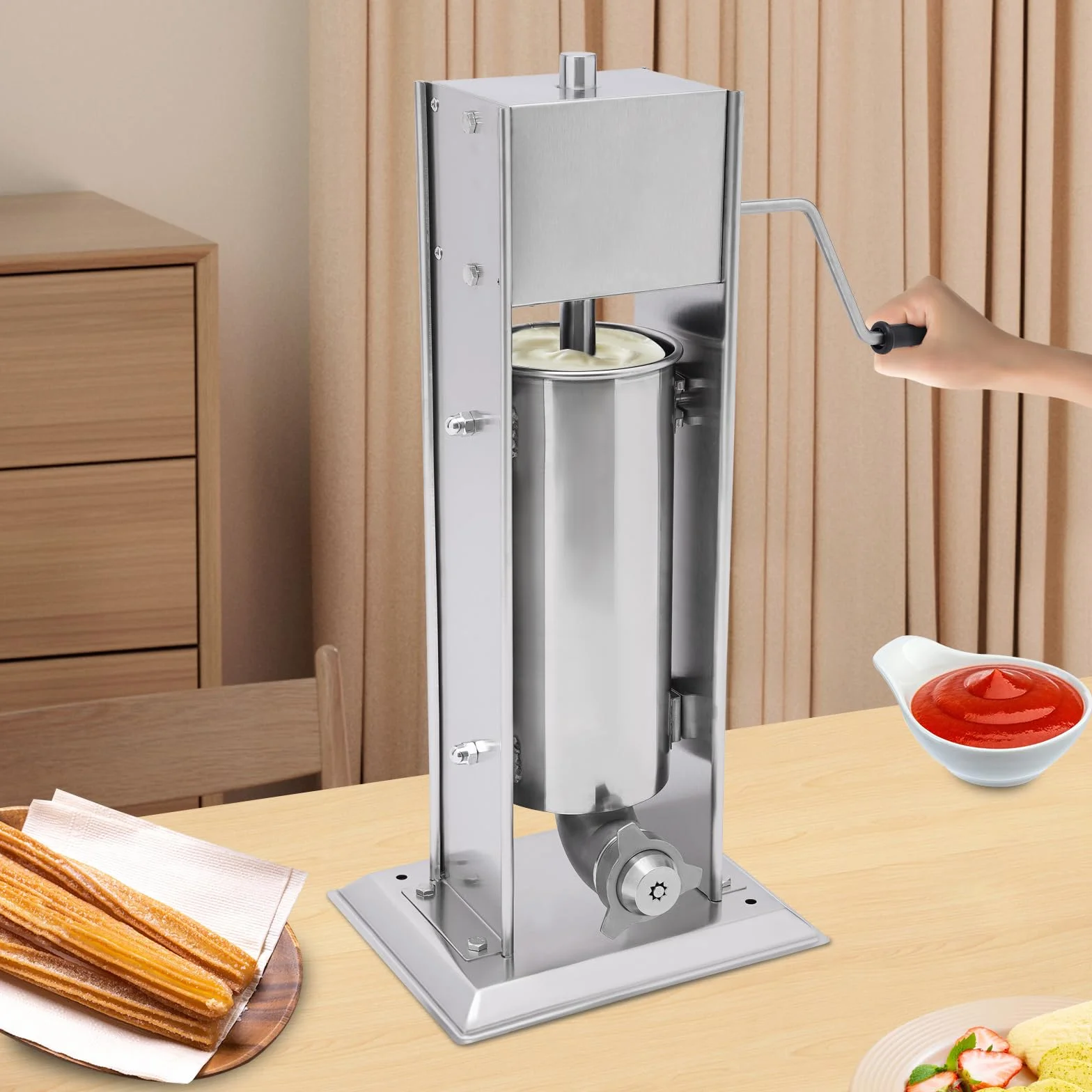 Máquina de churros manual profesional de 5 litros multifuncional para aperitivos, máquina de churros de acero inoxidable comercial con 4 boquillas (3 formas diferentes), para uso comercial o privado