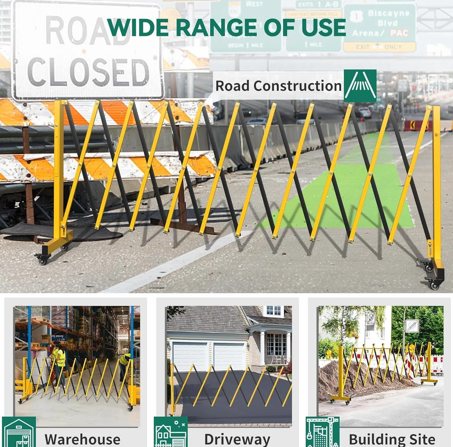 Garvee Barrera de Seguridad Extensible de Acero al Carbono 3,35m x 103cm, Valla Plegable Retráctil con Ruedas para Control de Acceso en Garajes, Industria, Obras y Almacenes, Amarillo