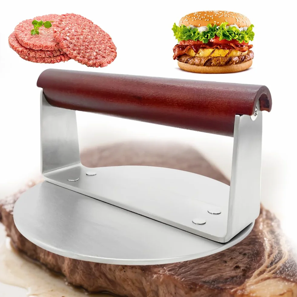 Burger Smasher - Prensa para hamburguesas (21,5 cm, 1,15 kg, acero inoxidable, mango de madera, para carne, hamburguesas, carne, tocino, salchichas, accesorios profesionales para barbacoa (15,2 cm)