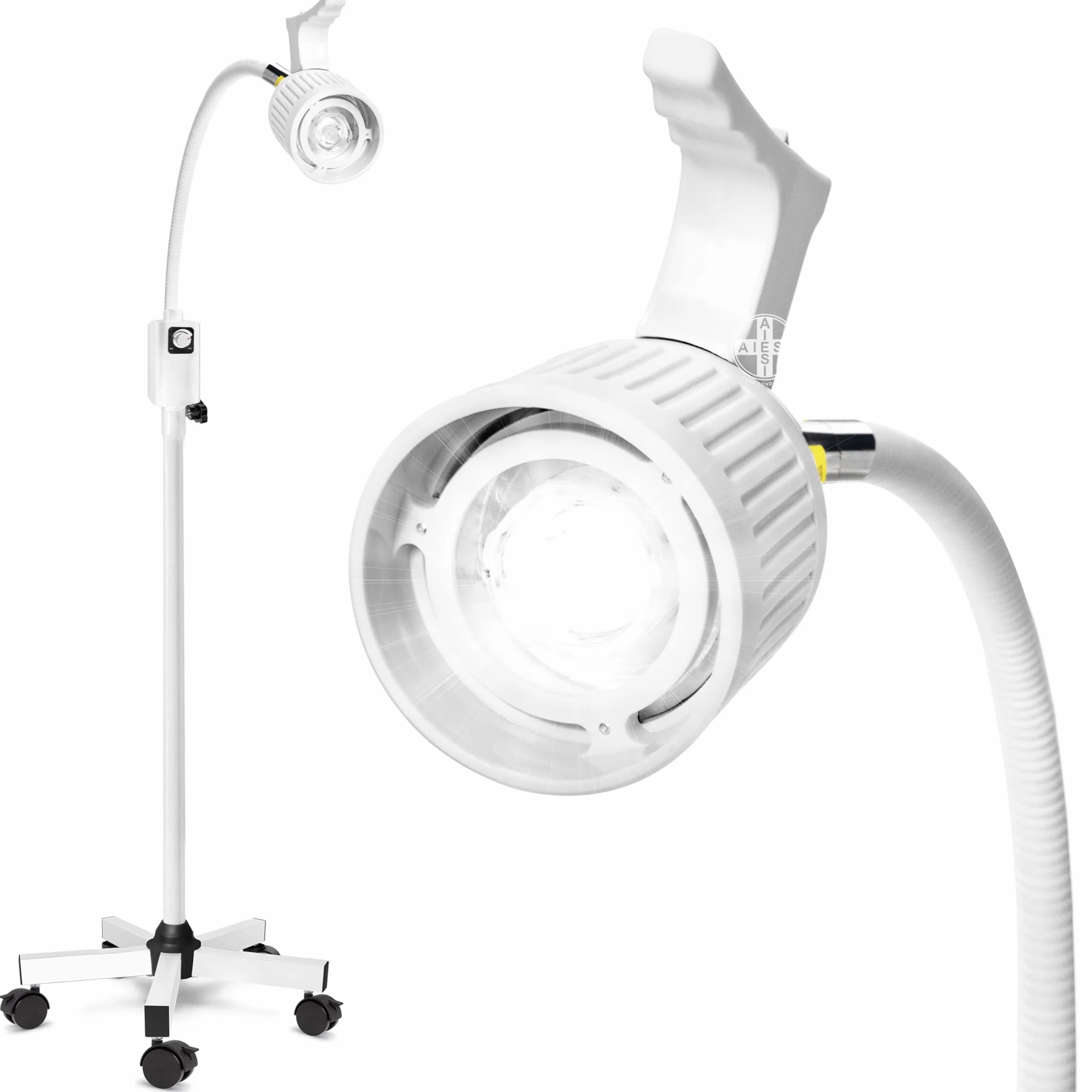 AIESI® Lámpara de exploración médica LED con brazo flexible en soporte con ruedas giratorias para uso médico, Articulación direccional, Garantía 24 meses