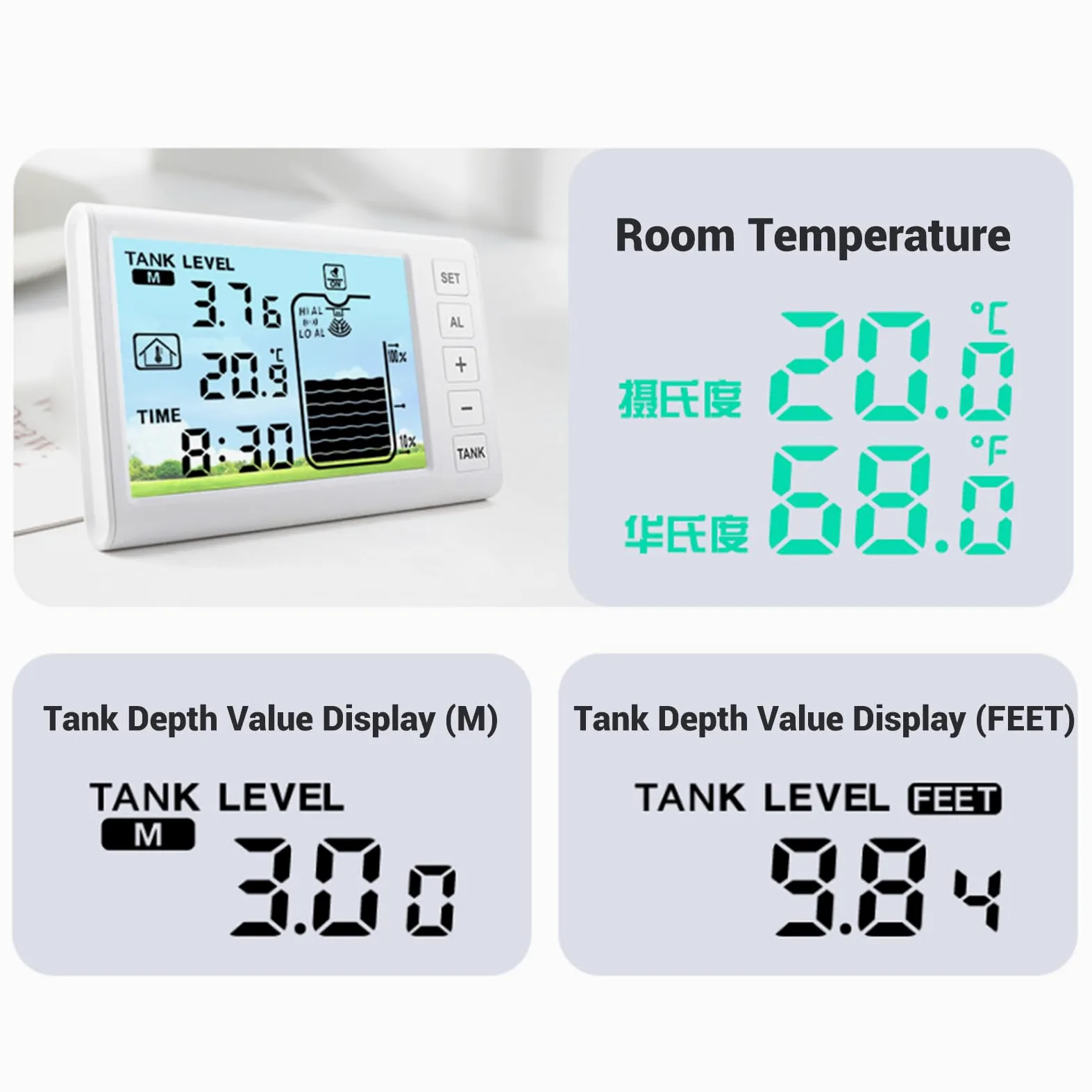 Sensor de Nivel Ultrasónico, Indicador de Tanque de Agua, Medidor de Profundidad de Líquido, Pantalla Digital Electrónica, Transmisor Receptor