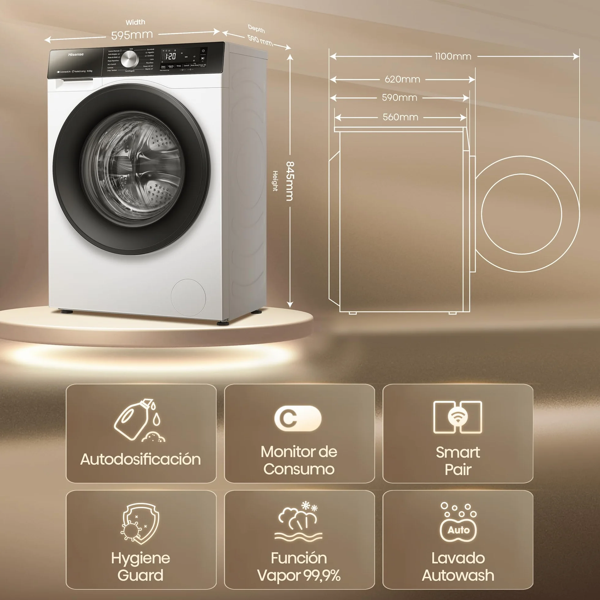 Hisense WF3S1045BW3 Lavadora 10.5 kg Clase A WiFi Auto Dosificación Hygiene Guard Vapor 99.9% Blanco