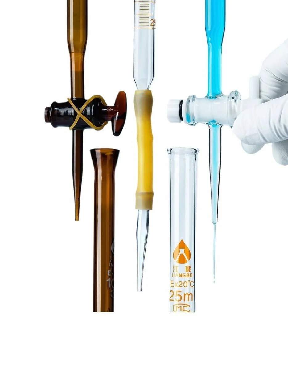 Buretas de vidrio, Bureta de vidrio clase A, llave paso PTFE for valoración ácidos y álcalis, ámbar transparente, 10-100ml(Blue white lines PTFE 25ml)