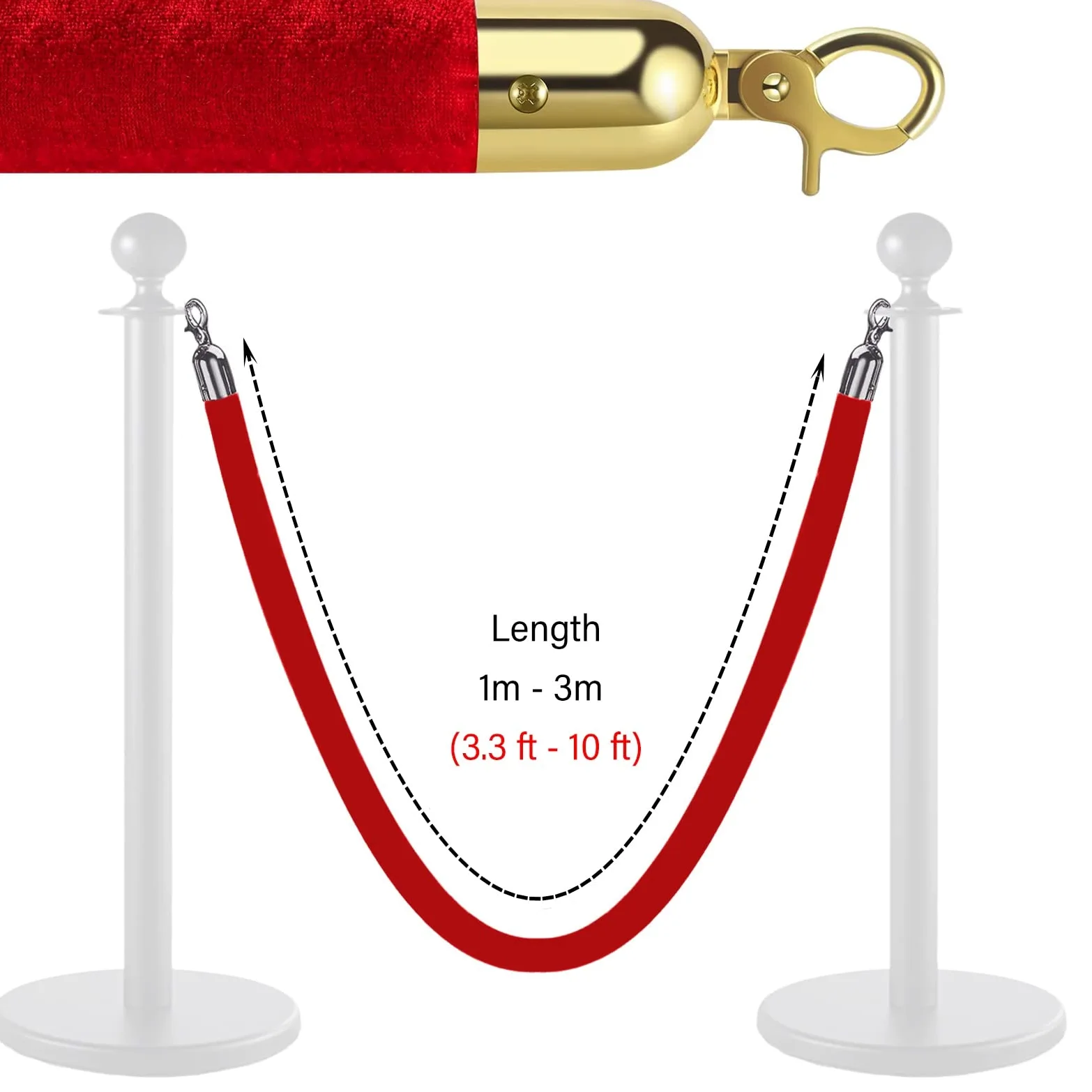 Paquete de 2 soportes de cuerda de terciopelo, barrera de control de multitudes de 10 pies, línea de cola roja y negra con postes resistentes para eventos, entradas y fiestas, cordones de terciopelo
