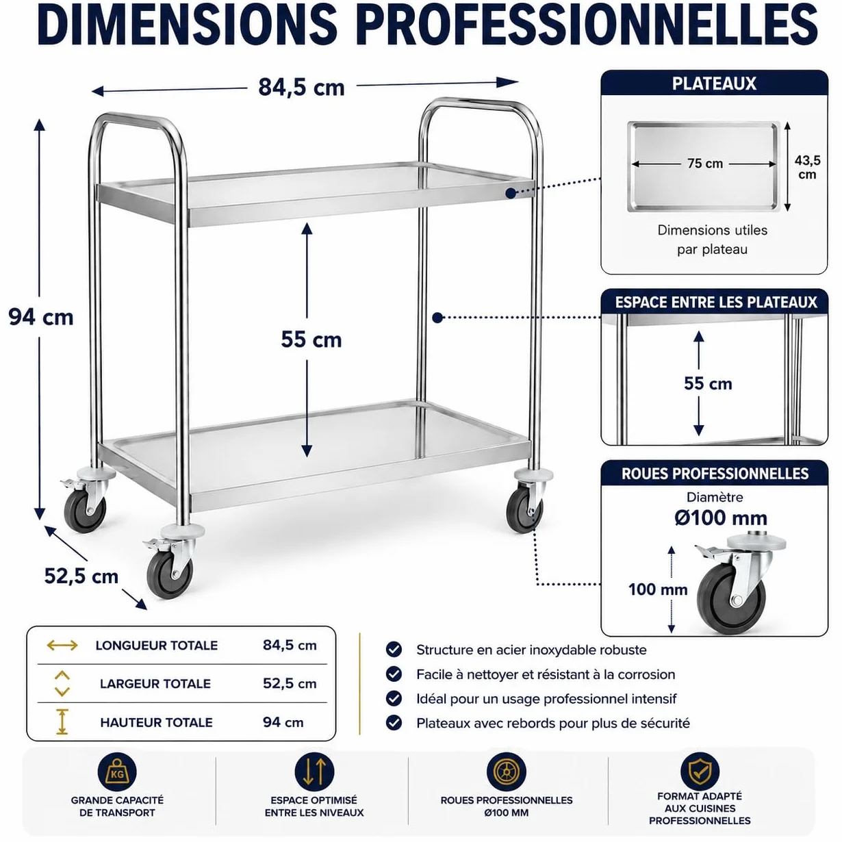 Carro de servicio de acero inoxidable de 2 niveles - 84,5 x 52,5 x 94 cm - Ruedas giratorias con frenos - Cocina Pro, Restaurante, Comunidad