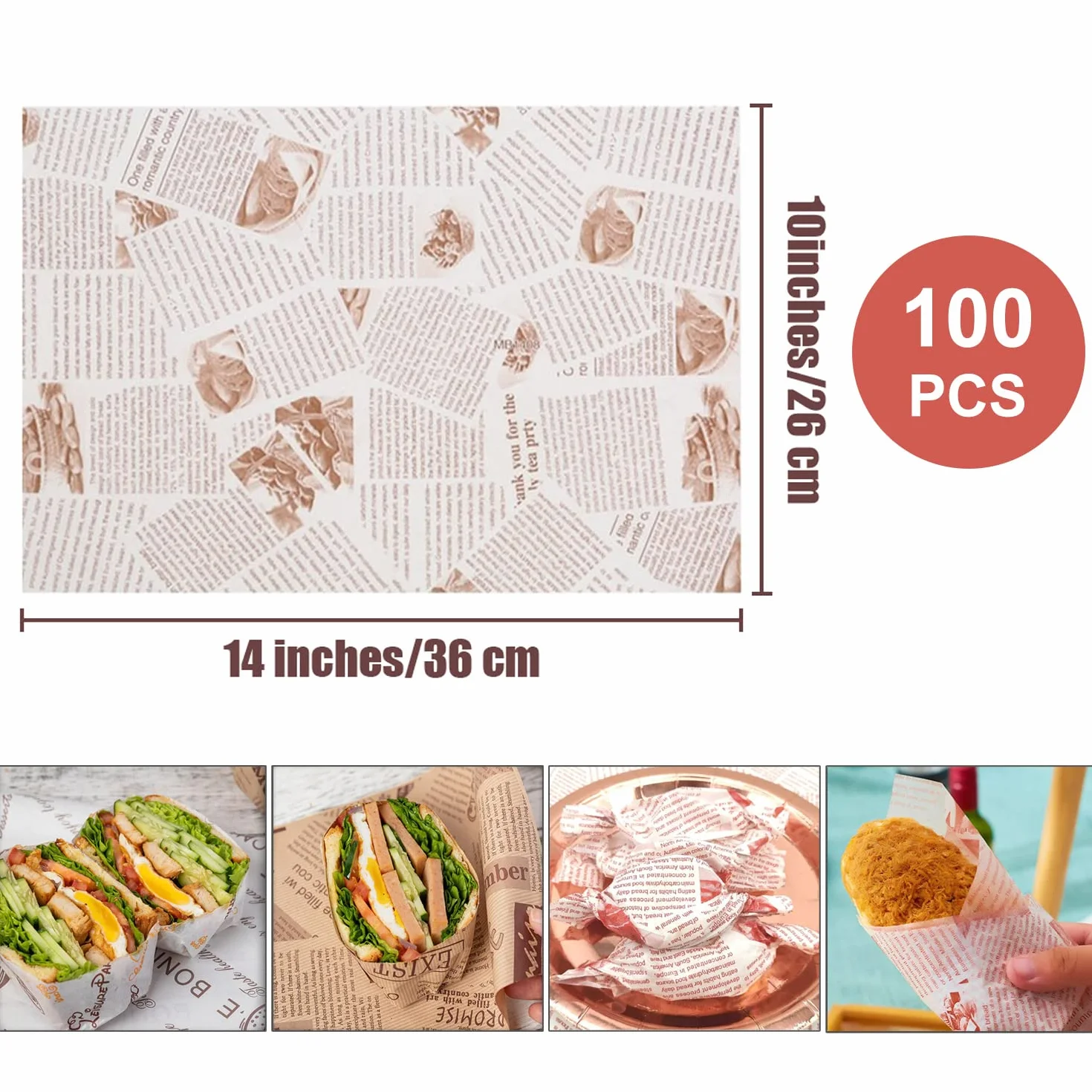 Papel para Envolver Comida Impermeable a Prueba de Aceite 100 Hojas