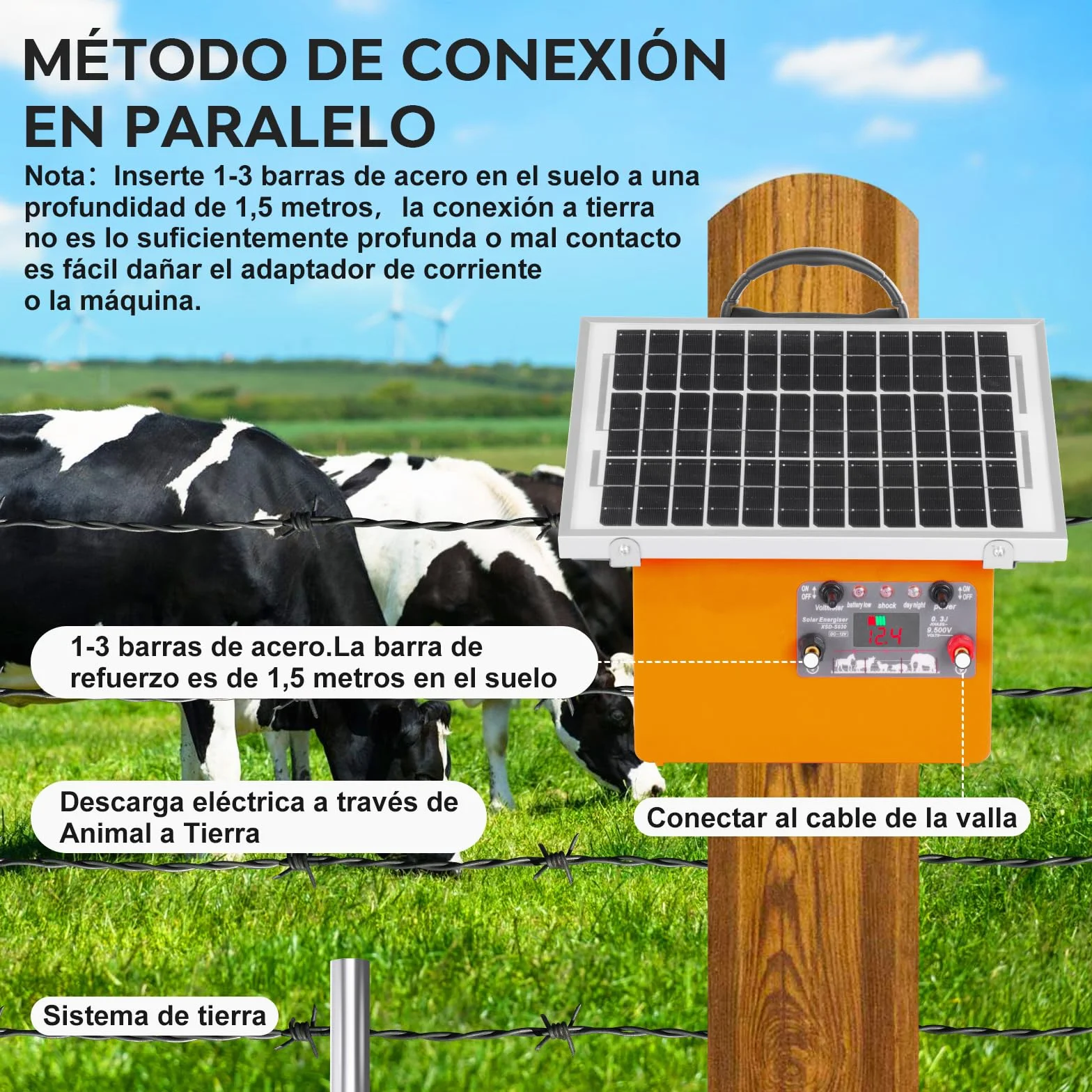 32KM Solar Pastor Electrico, 9,5 kV Pastor eléctrico Controlador para caballos, 0,5 J Valla eléctrica para cría de animales de pastor, para granja, pastoreo, jardín