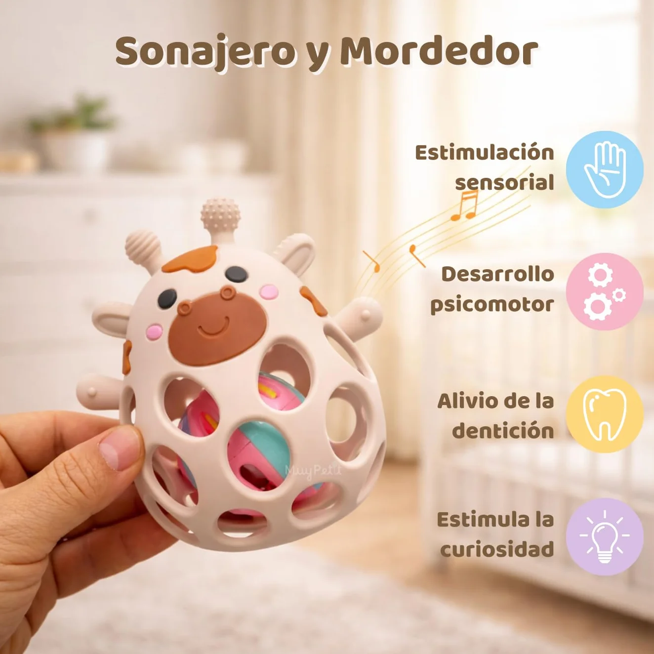 MuyPetit Jirafa Sonajero y Mordedor para bebé, Libre de BPA, Juegos bebe 0-6 meses, Juguete Montessori, Regalo recien nacido Beige