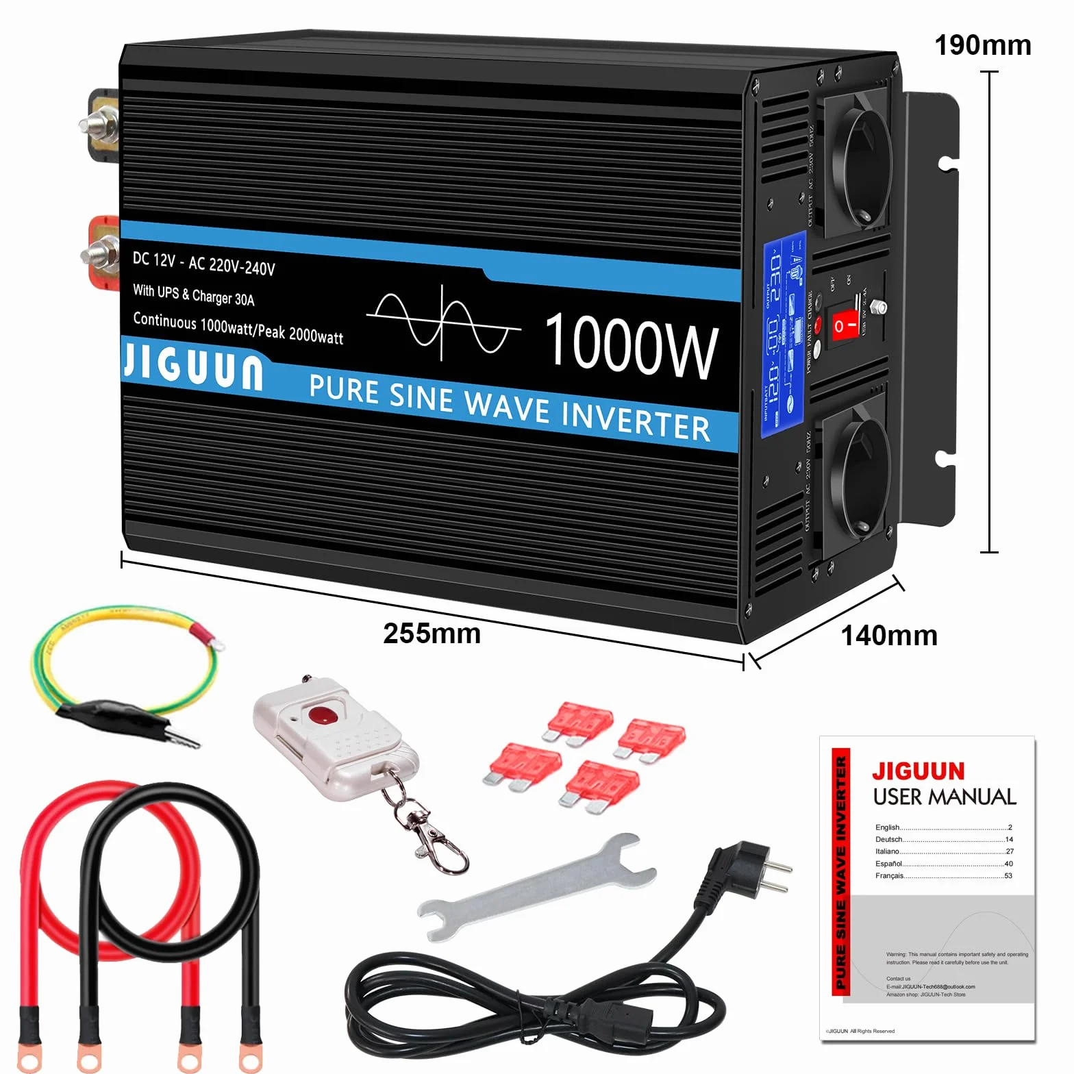 JIGUUN 1000W Inversor 12V 220V Onda Pura Inverter con Cargador 30A y Circuito Prioritario de Red y SAI，2 Tomas UE, Mando a Distancia Inalámbrico y Pantalla LCD Potencia Pico 2000W