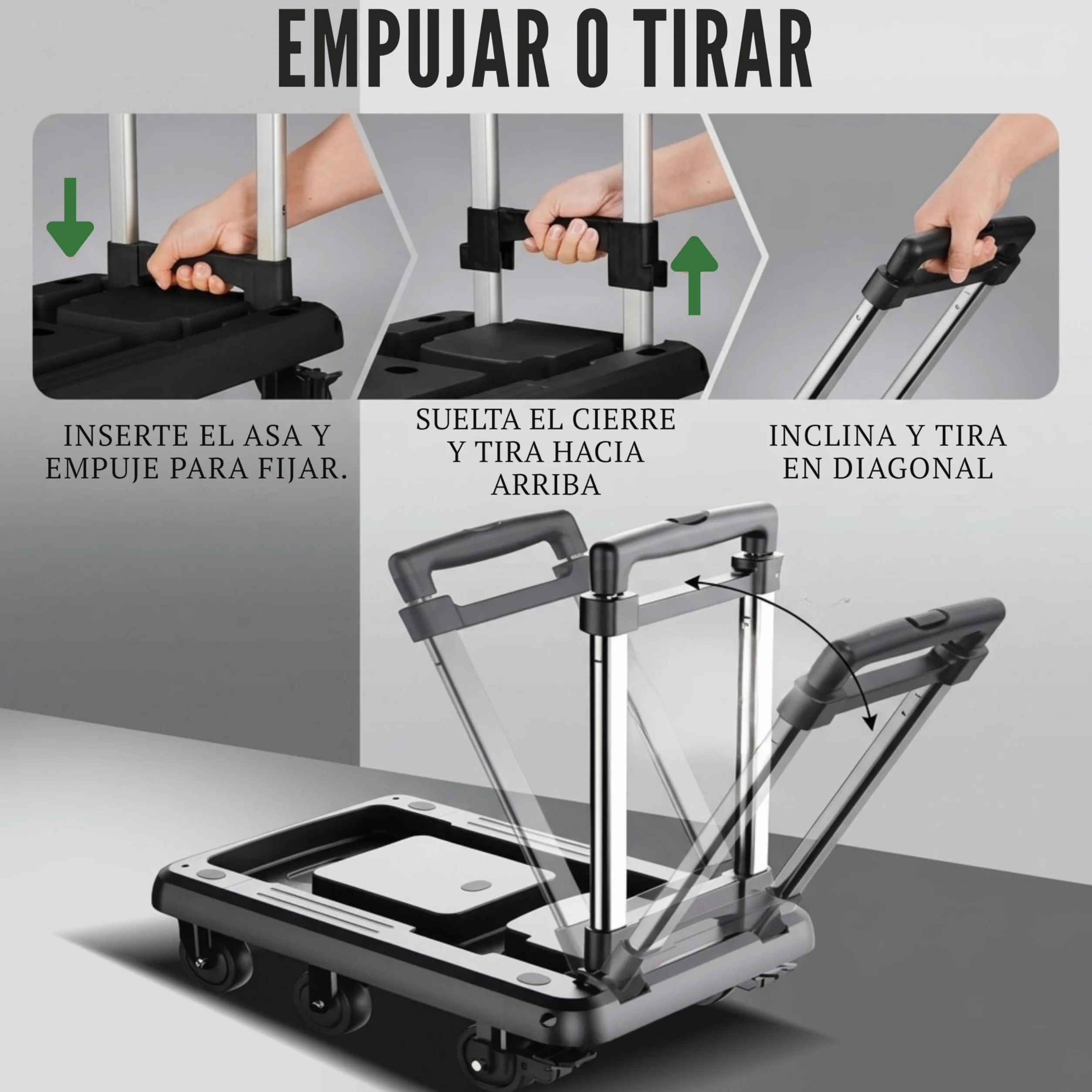 Carretilla Plegable hasta 100kg con 6 Ruedas de Goma con Freno, Carro de Transporte Plegable Extensible 60x30 cm, Mango Telescópico Ajustable, Plataforma Compacta para Mudanzas, Compras o Trabajo