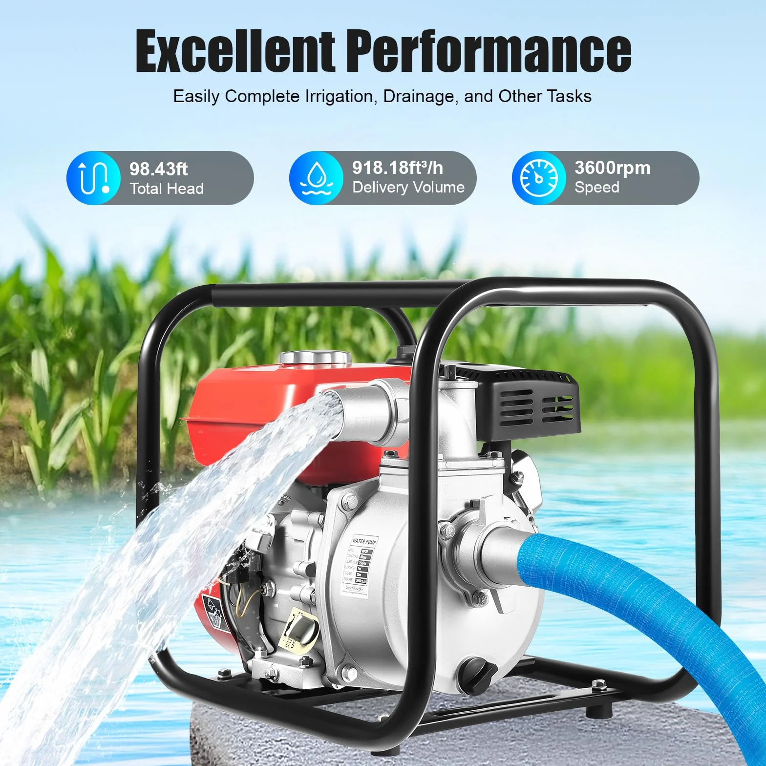 Bomba de agua de gasolina de 7,5 CV, bomba de jardín, bomba de estanque, motor de 4 tiempos, cilindro único, 3600 rpm, 30 m, altura de extracción de 2 pulgadas, diámetro de entrada, volumen de