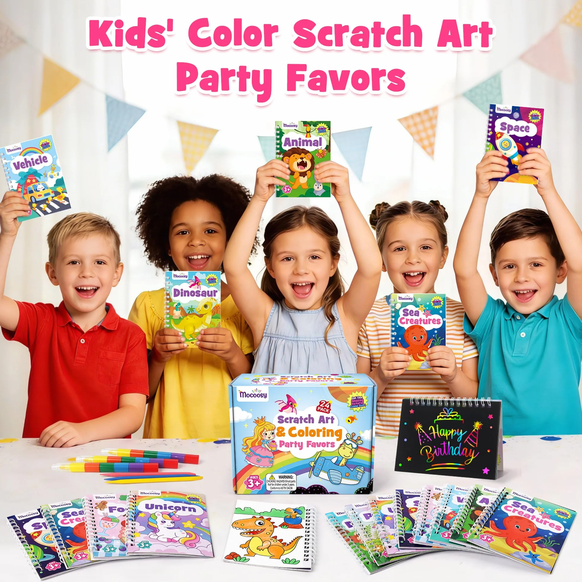 Mocoosy Juego de 24 cuadernos para colorear y Scratch Art para niños, kit de dibujo de papel arcoíris de doble cara