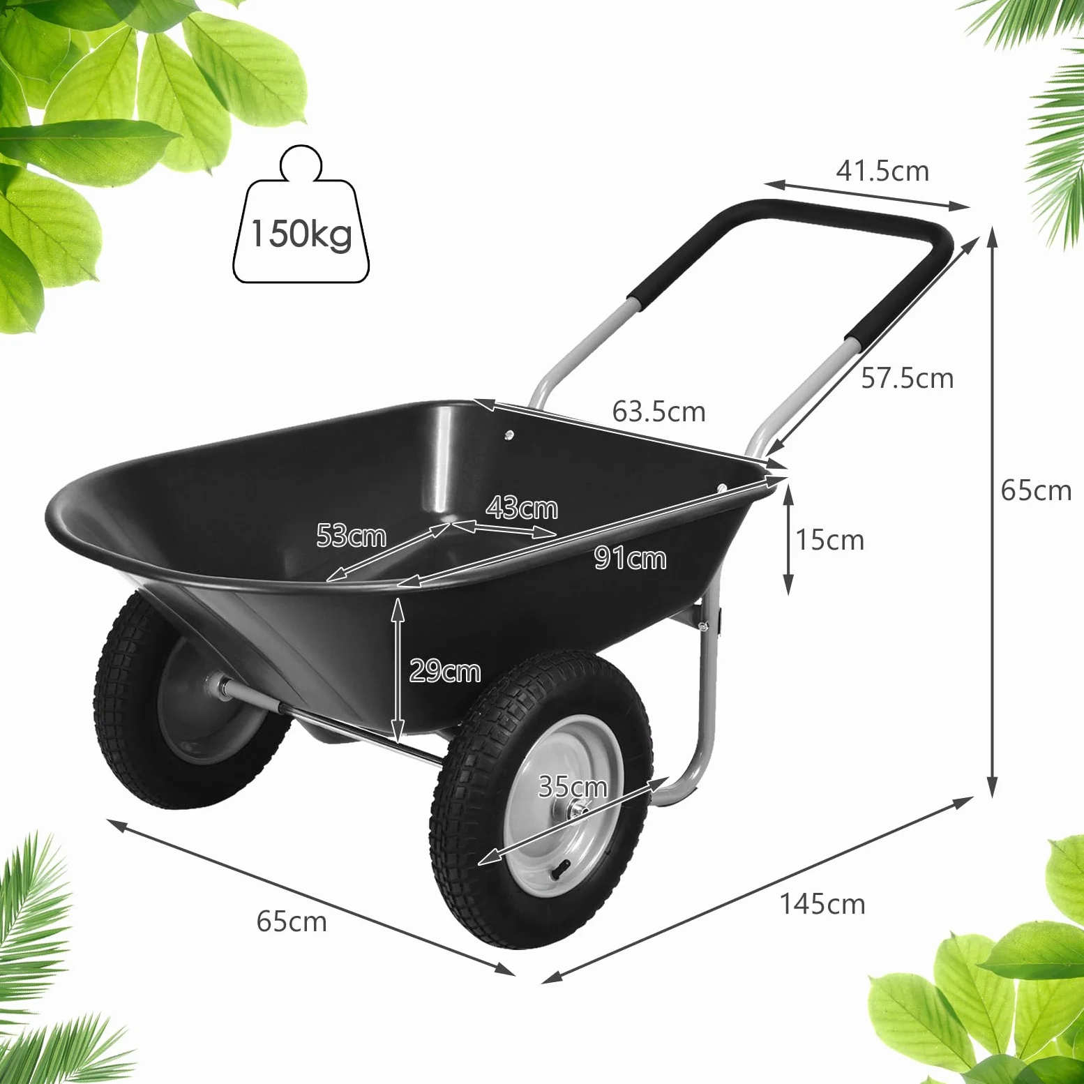 SOARS Carretilla de 100 litros de volumen, carretilla de jardín con 2 neumáticos de aire, mango de goma, carretilla de transporte, ideal para mover el suelo, arbustos de plantas, herramientas de